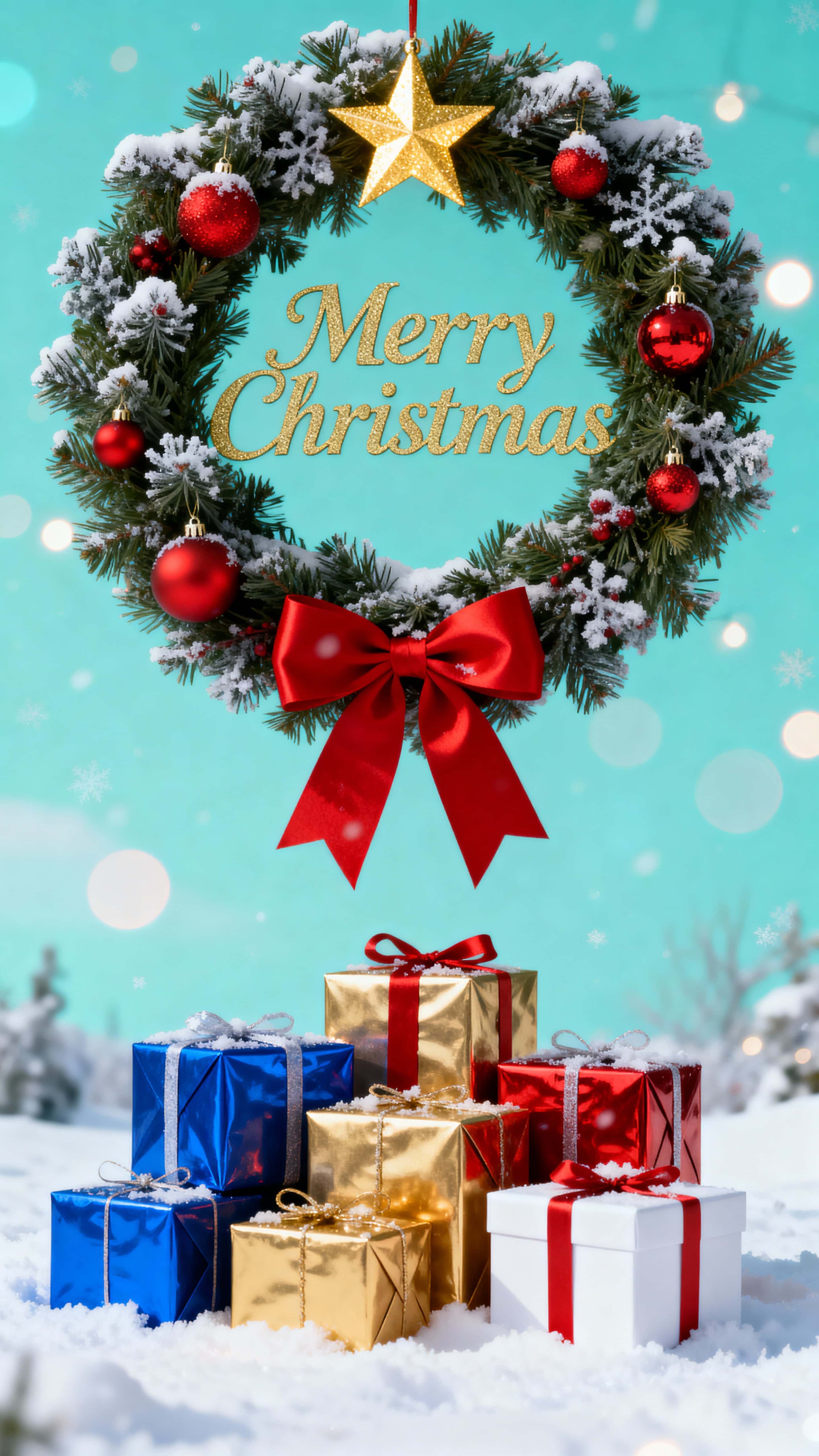 Top-centered pine wreath with red ornaments, frosted accents and a bright gold star, elegant gold "Merry Christmas" lettering inside, bold red ribbon and stacked blue, gold, crimson and white presents below.