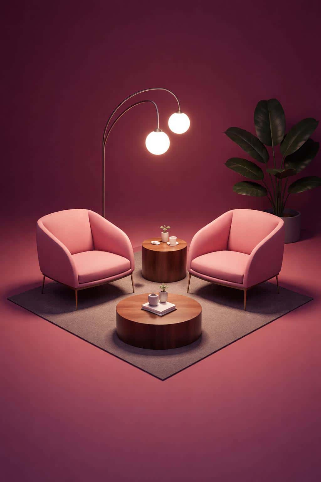 A stylized 3D render of a modern magenta lounge featuring pink armchairs and globe lamps for a moody, monochromatic interior design concept or wallpaper.