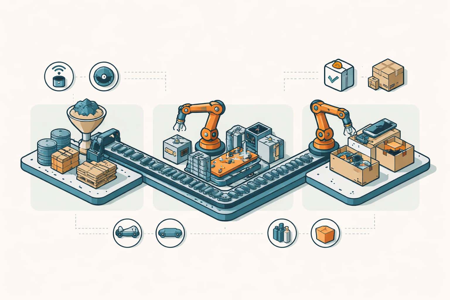 Isometric 3:2 infographic showing a clear visual pipeline from raw material to finished product with labeled stages and clean vector forms for presentation use.