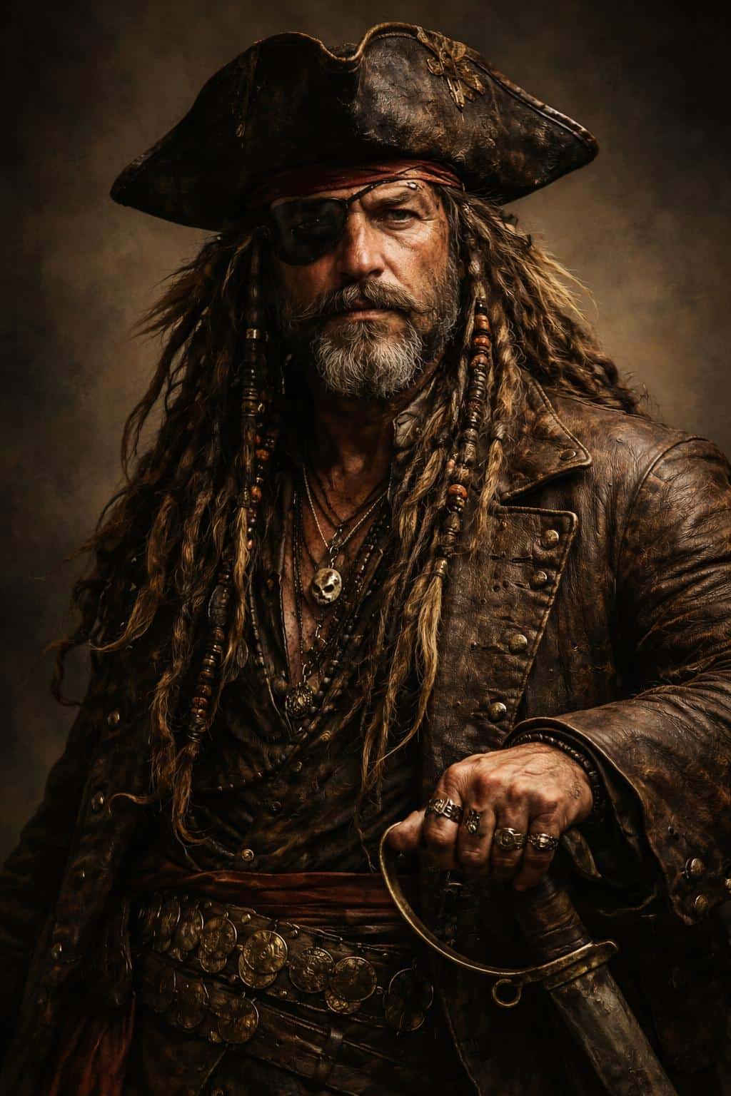 Close, dramatic digital-painting portrait of a weathered pirate in a 2:3 vertical crop, preserving original composition, lighting, and textured costume details for poster use.