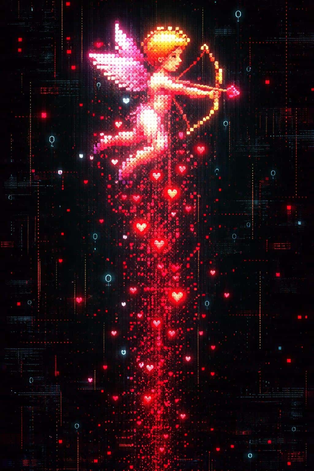 A vertical 2:3 pixel scene of a single cupid dissolving into a stream of neon red heart-shaped code and digital noise against a dark terminal backdrop.