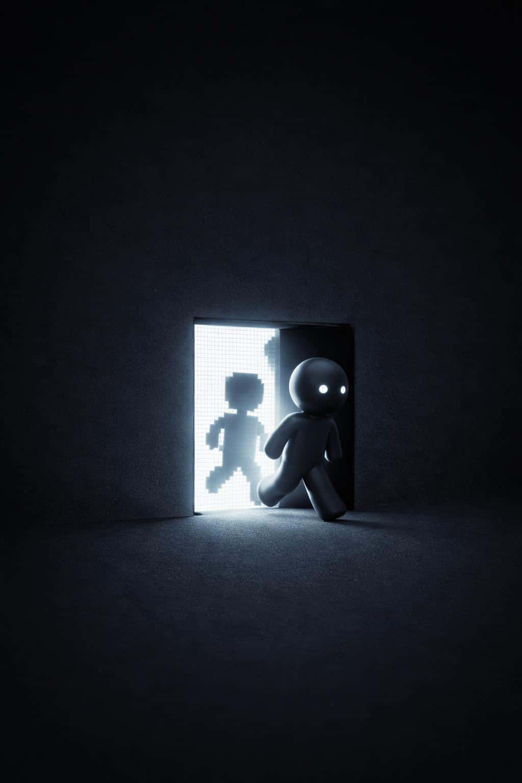 A 2:3 portrait of a minimal charcoal backdrop with subtle grain and vignette, lower-third left a pixel window where an 8-bit figure steps into a smooth dark ceramic 3D form.