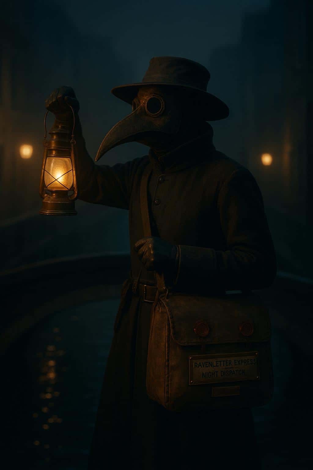 A plague-doctor courier pauses on a misted canal footbridge at night, lantern lifted, leather beak mask and wax-sealed satchel catching warm lamplight amid blue fog and quiet ripples.