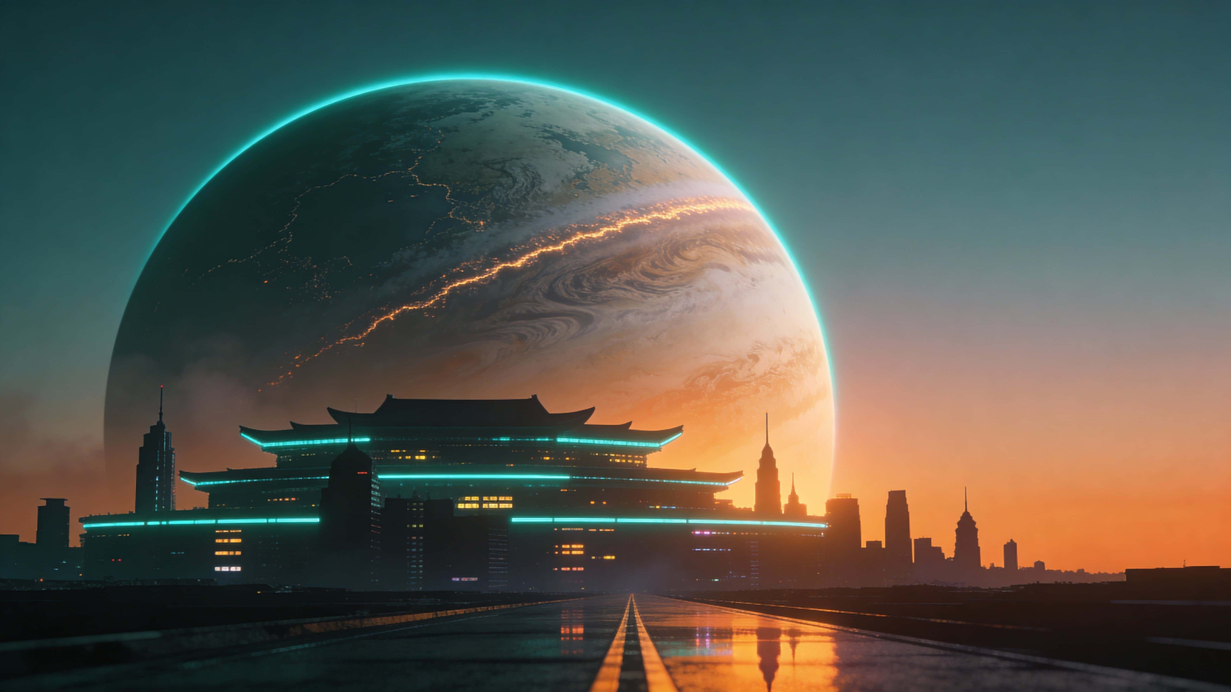 A widescreen 16:9 digital painting of a colossal planet rising behind a futuristic city skyline at dusk, rendered for wallpaper-format display with cinematic lighting and depth.