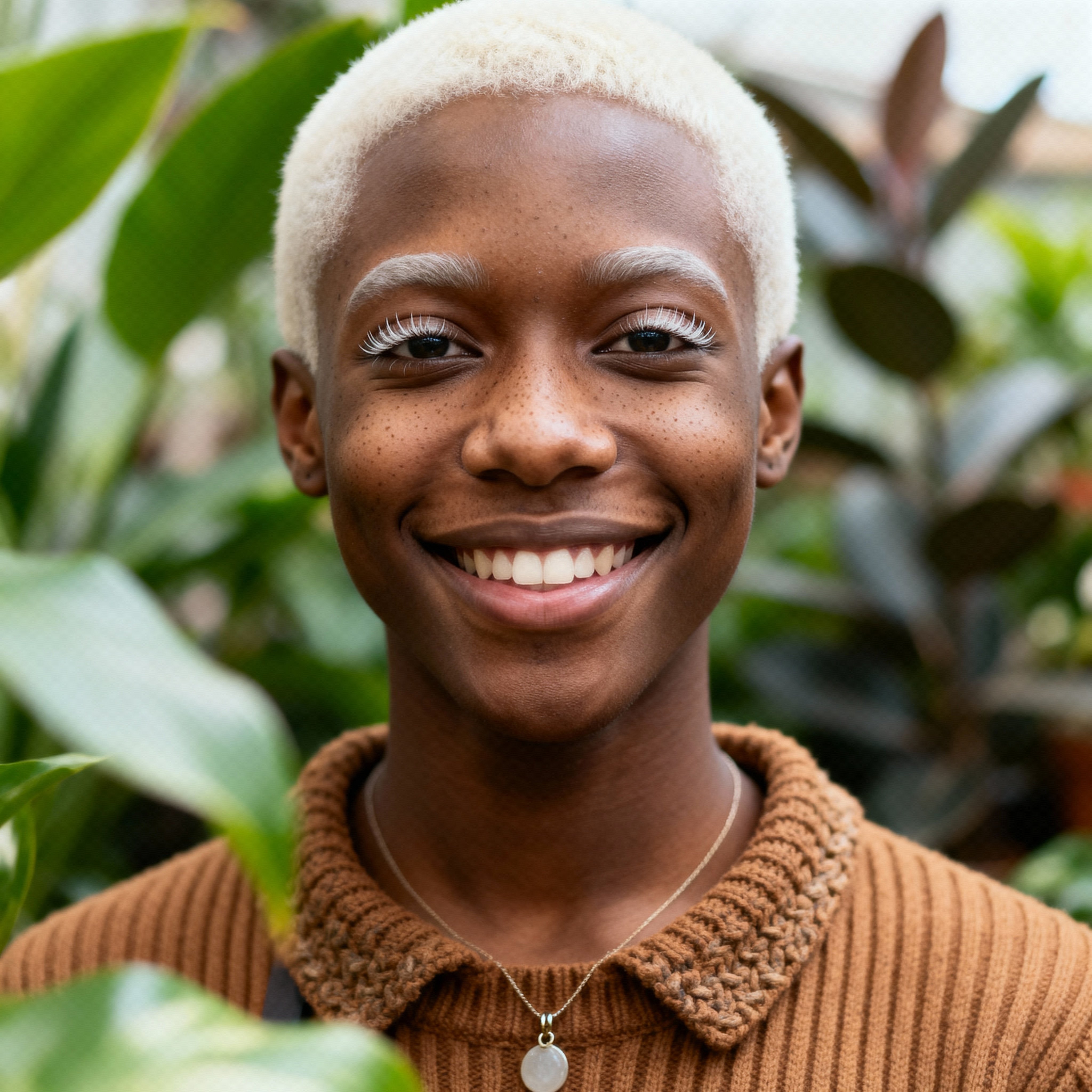 Centered headshot of a 26-year-old Black American plant-shop owner with albinism: very-fair skin, platinum hair, cream ribbed sweater amid olive and earth-brown foliage with terracotta accents, soft even light, crisp iris detail and gentle,