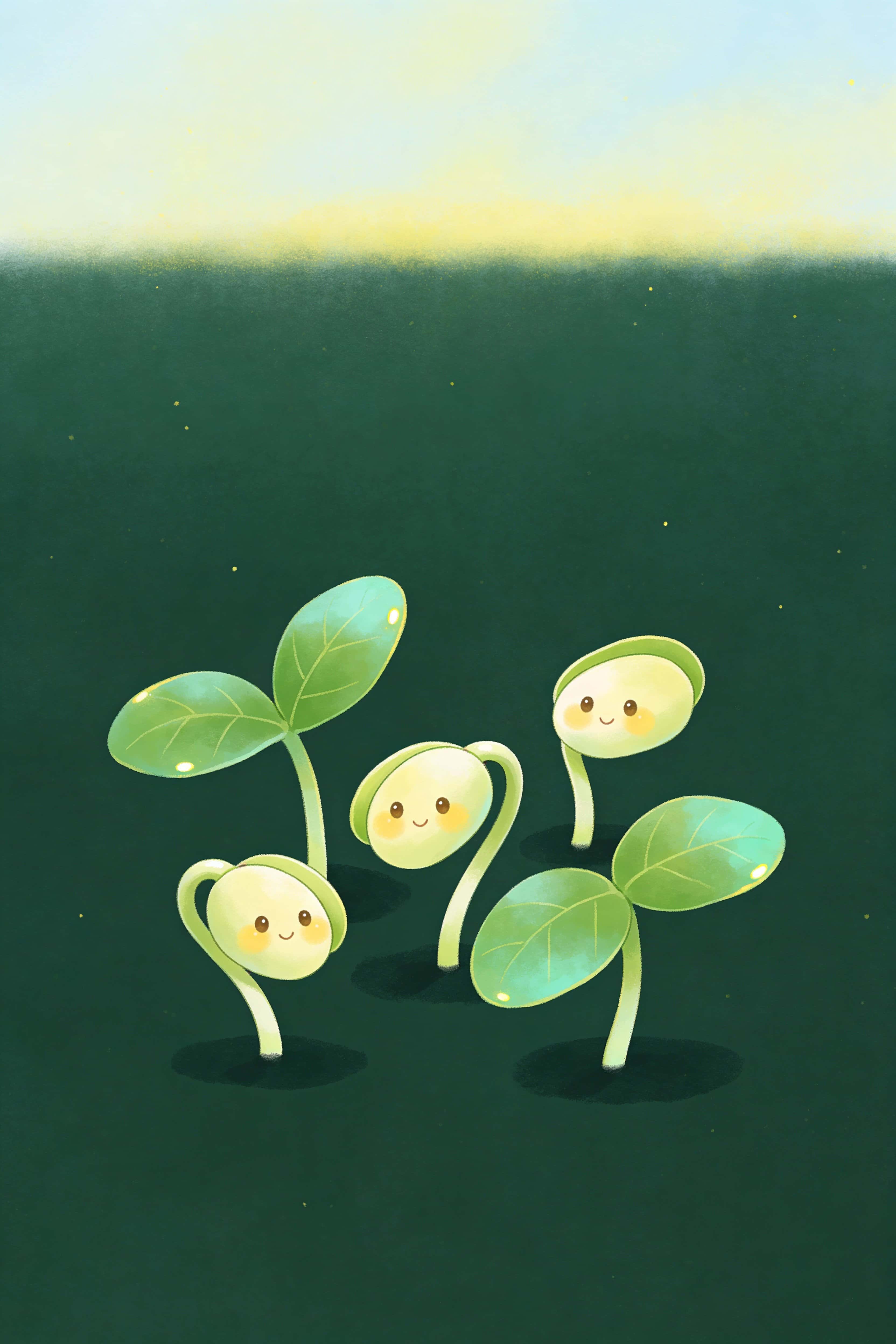 Charming digital-painting of tiny-faced plant sprouts arranged for a vertical 2:3 wallpaper or poster, with playful colors and soft textures for friendly display.