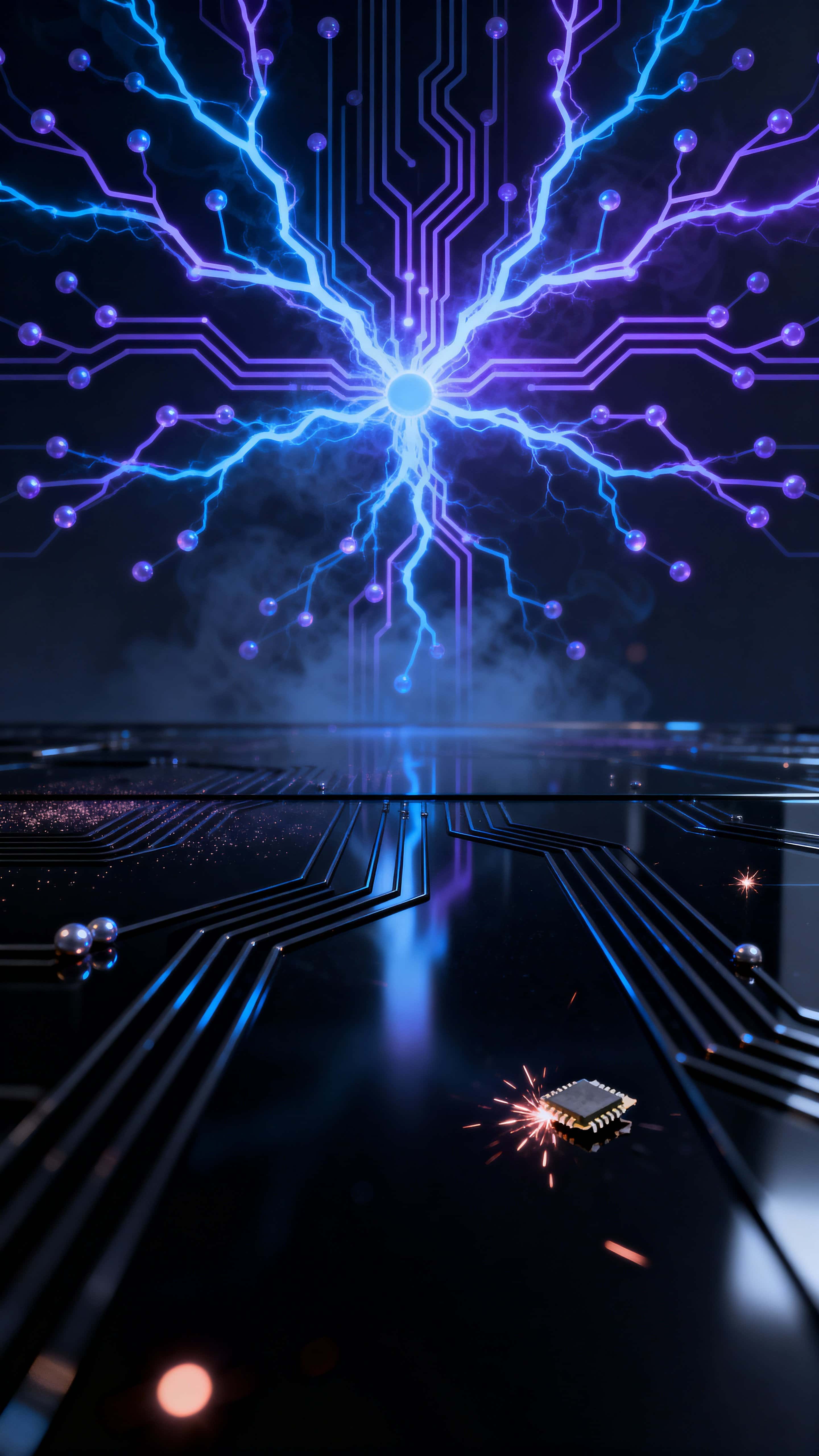 A vertical 9:16 composition of a plasma fractal web forming a glowing circuit pattern across polished black glass, with neon blues and purples radiating a subtle haze and high-contrast reflections.