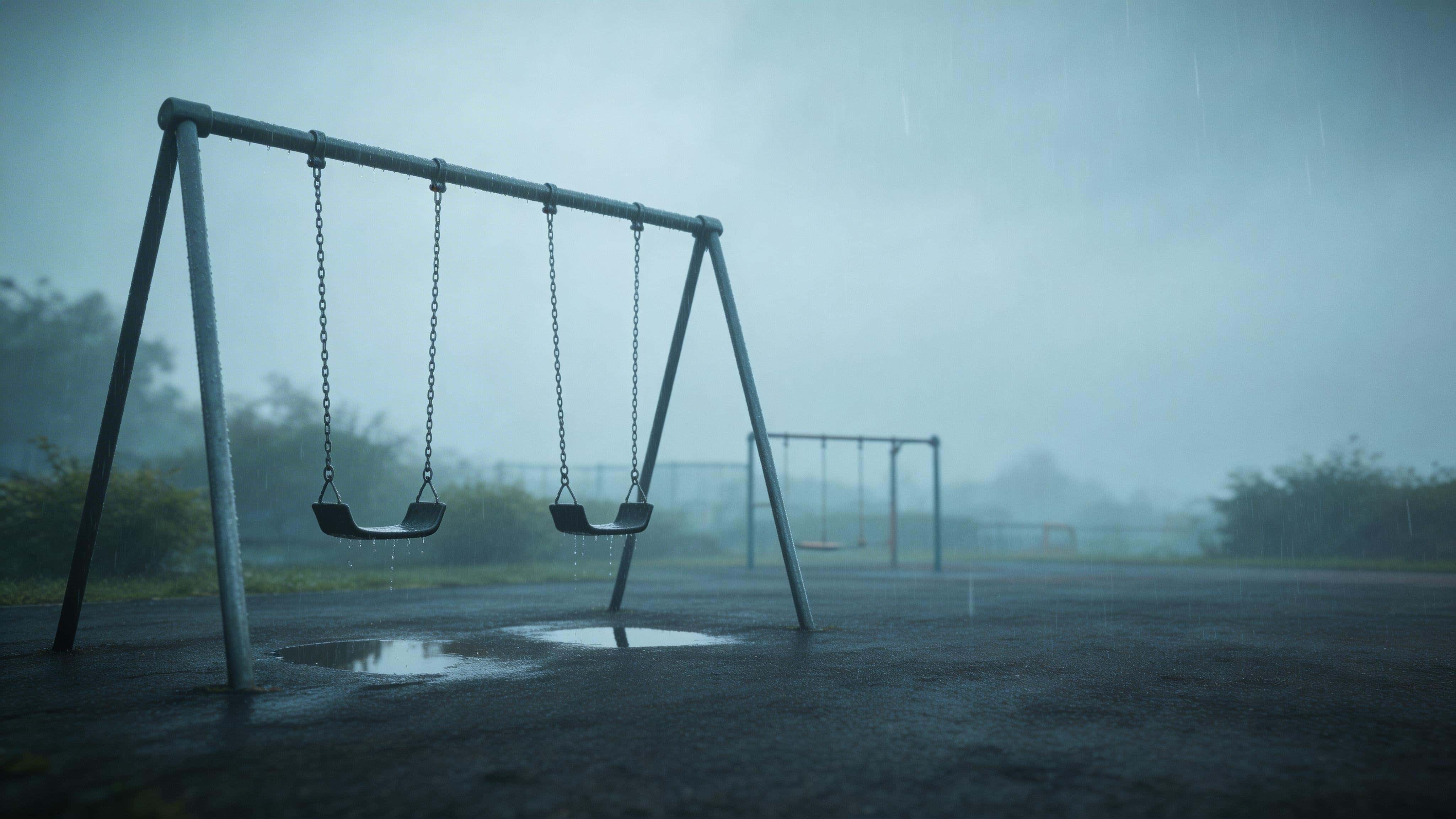 Cinematic 16:9 widescreen photograph of an empty playground swing set in steady rain, off-center with wide negative space and muted greens, grey-blues, and charcoal.