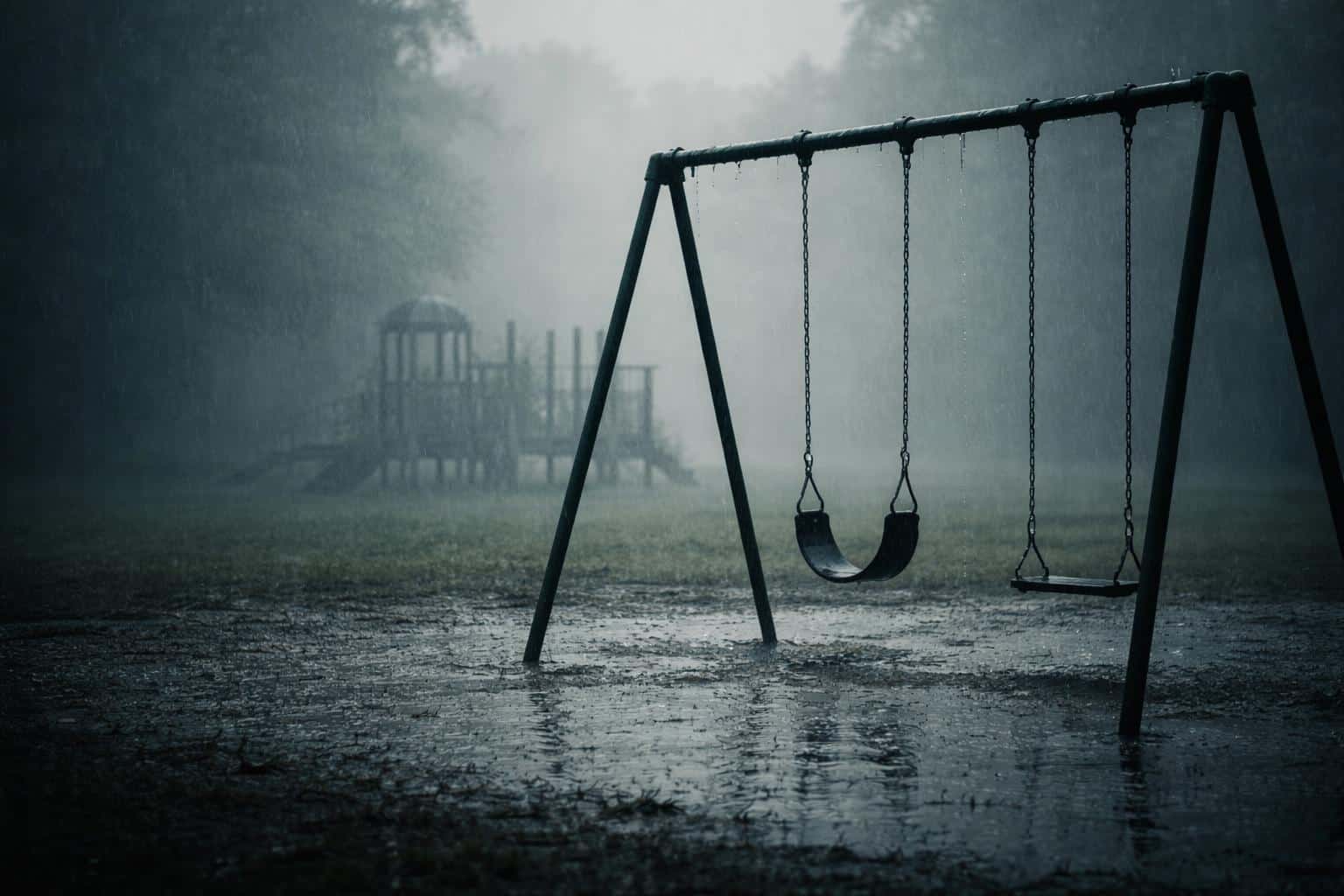 Widescreen 3:2 cinematic photo of an empty playground swing set in steady rain, framed off-center with wide negative space, muted greens and grey-blues, soft mist and low contrast.