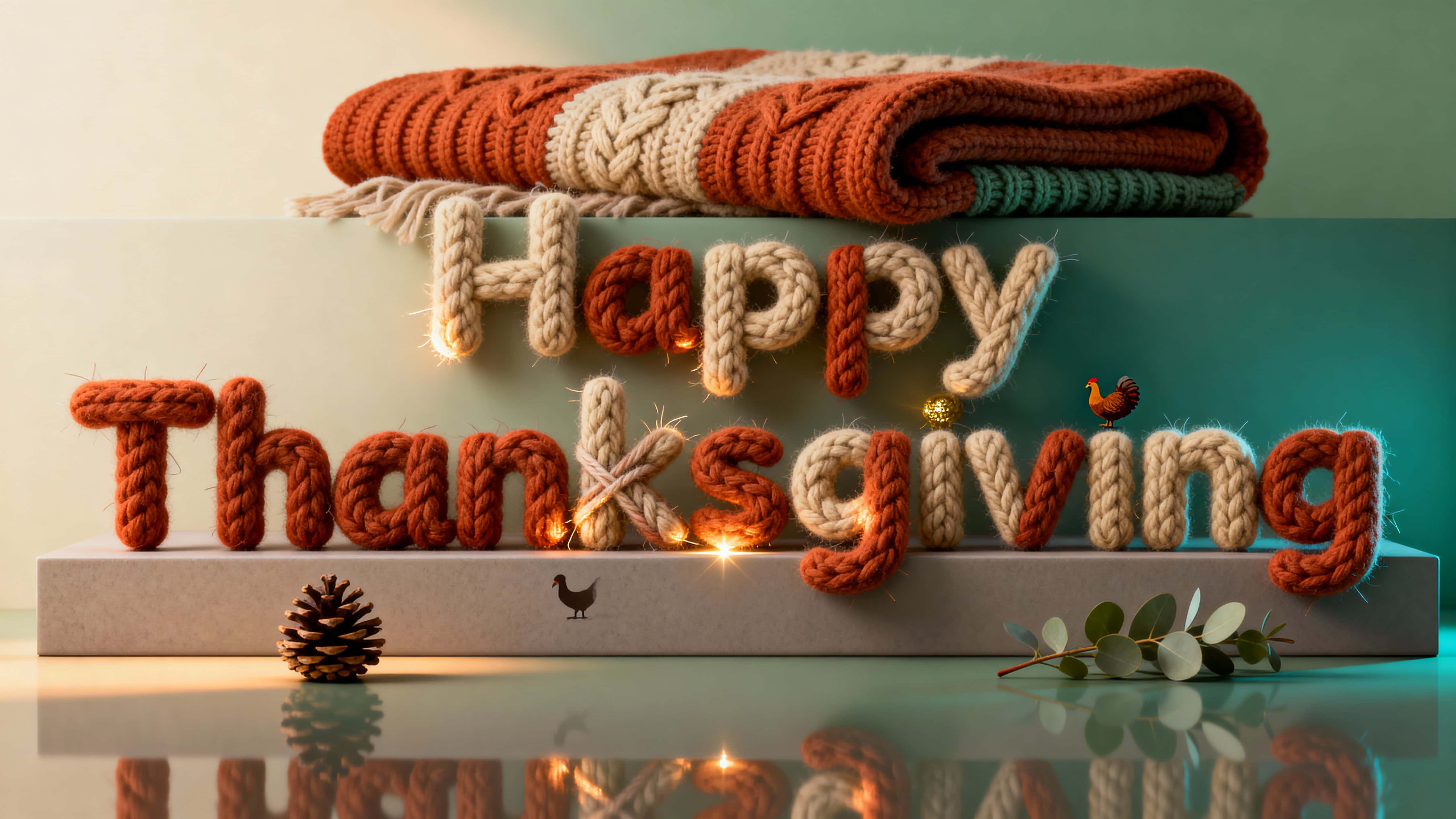 Cinematic 16:9 scene of plush knitted "Happy Thanksgiving" letters in rust, deep pumpkin, creamy beige and muted sage on a neutral mirrored platform with soft-focus background.