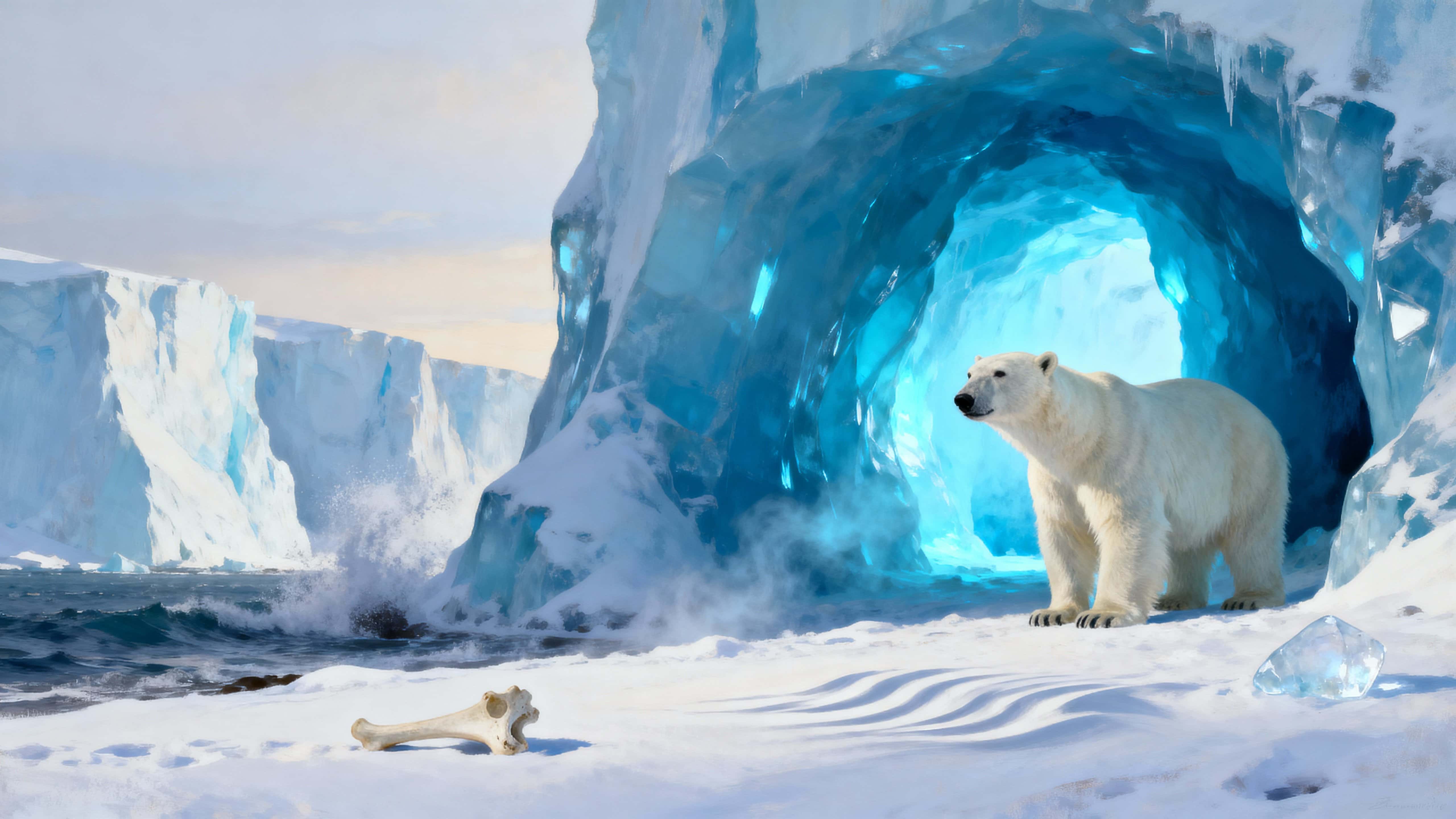 A solitary polar bear stands at the rim of luminous blue ice caves under soft polar light, with reflective ice surfaces and a quiet Arctic mood framing the scene.