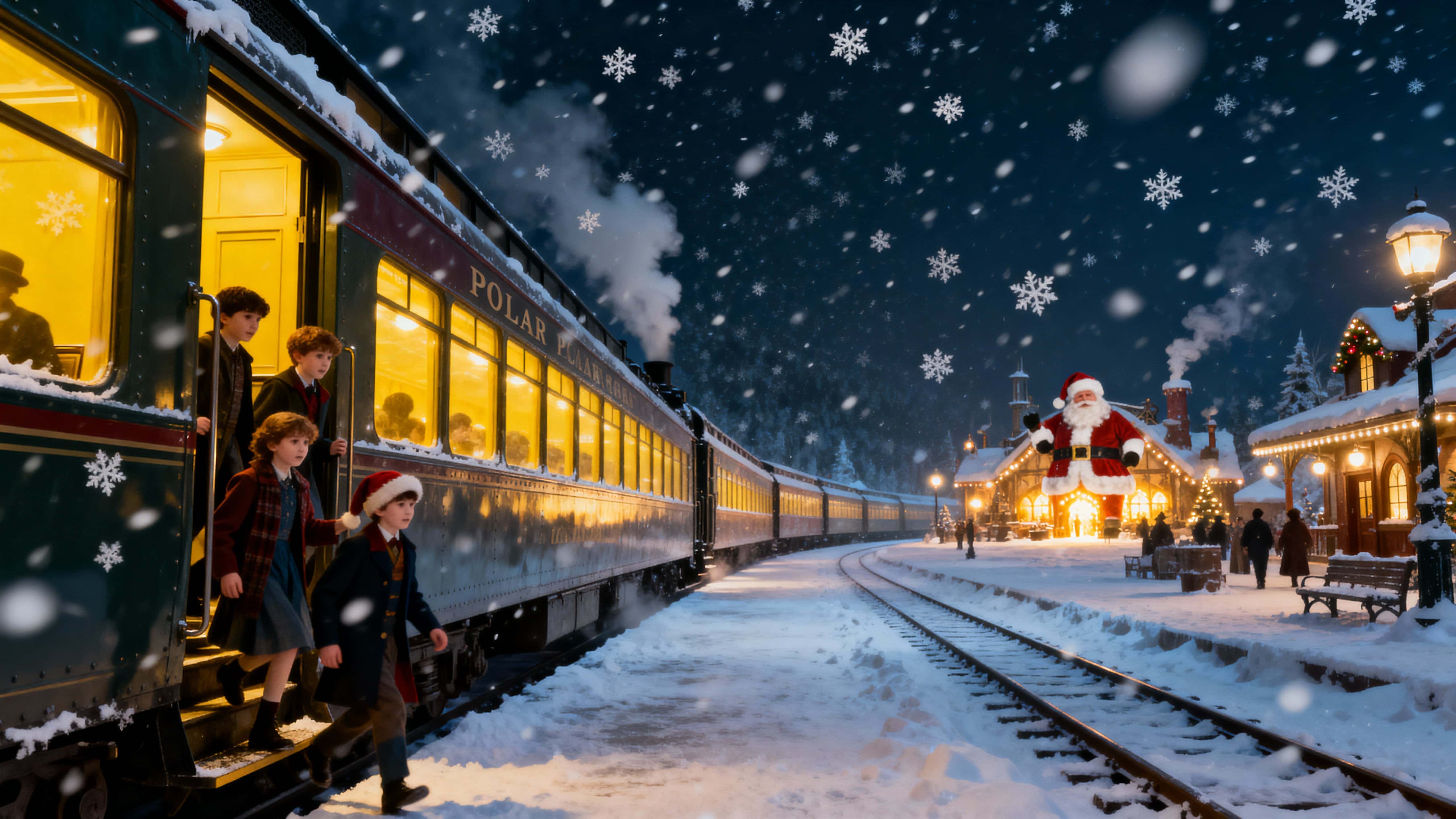 Polar Express arrives at the North Pole station in a 16:9 widescreen composition with cinematic 24mm wide-angle framing; warm yellow lights, falling snow, Santa’s glowing workshop, children stepping out in photoreal detail and rich-contrast