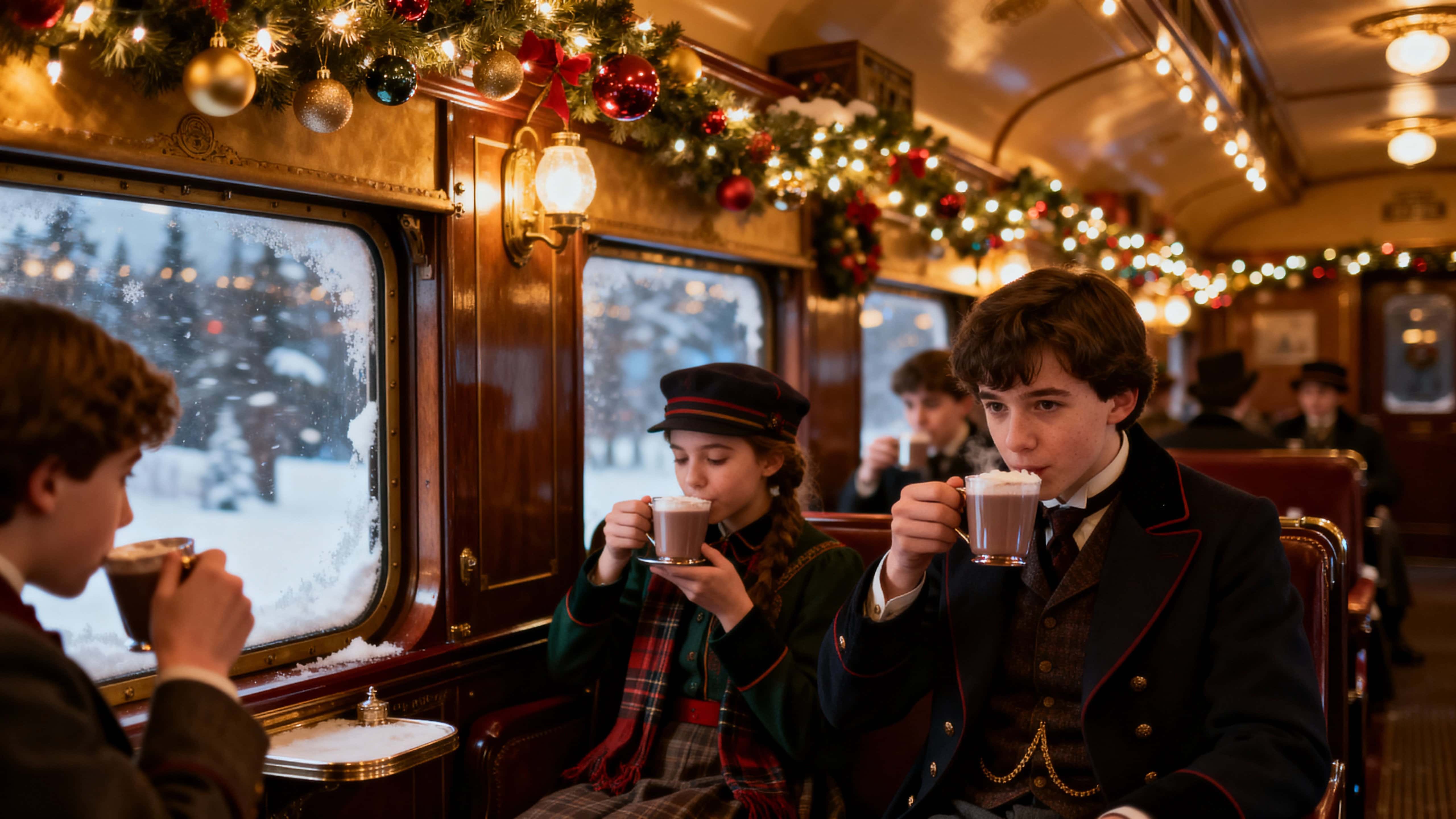 Polar Express cabin with a cozy Christmas interior: garlands, passengers sipping hot chocolate, snowy window reflection; warm 50mm DSLR realism with shallow DOF, framed and cropped to 16:9, tones #FFD27A #B22222 #0B6E4F #6B3E26 #89C4FF.