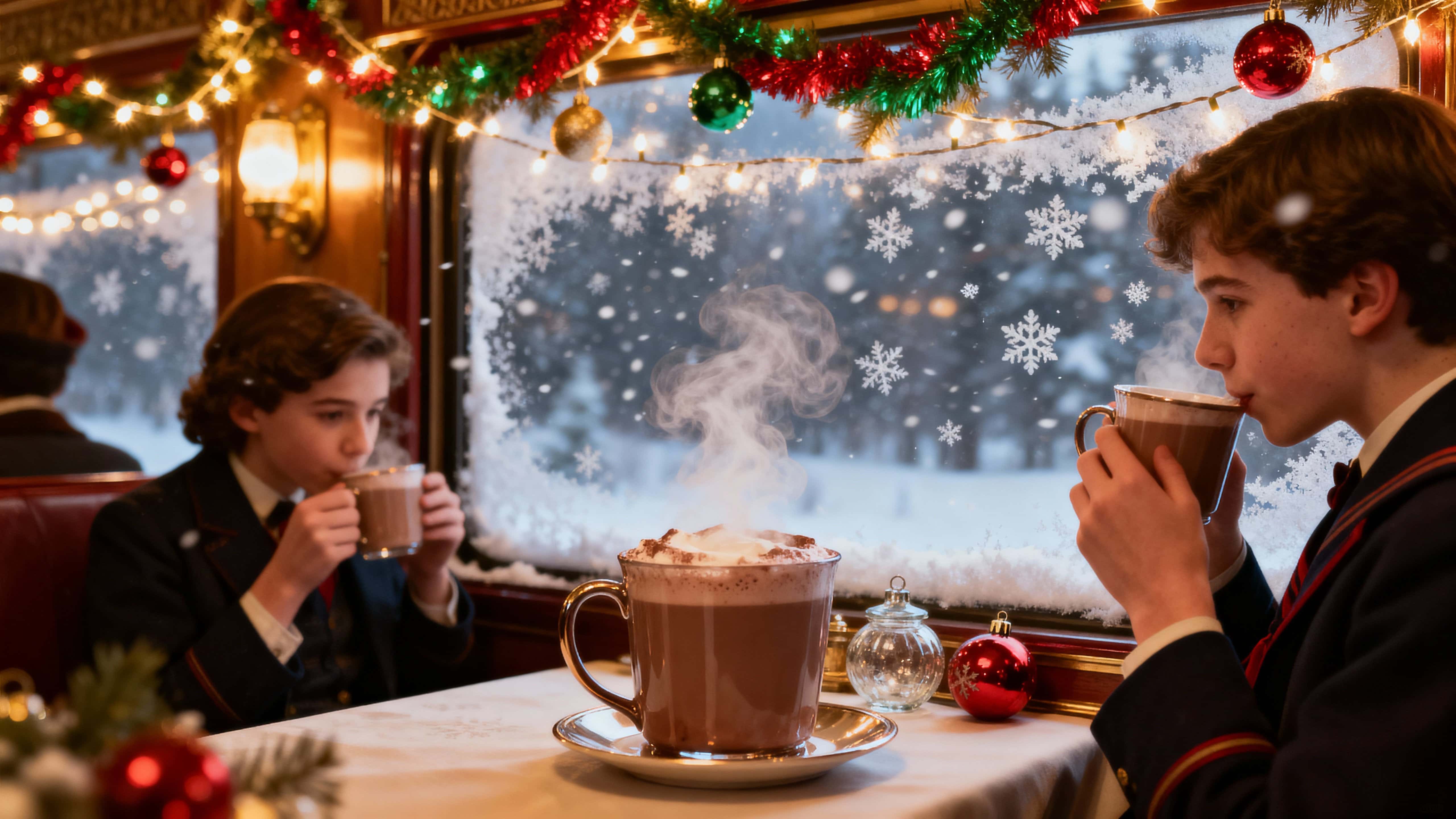Polar Express cabin with a cozy Christmas interior: garlands, passengers sipping hot chocolate, snowy window reflection; warm 50mm DSLR realism with shallow DOF, framed and cropped to 16:9, tones #FFD27A #B22222 #0B6E4F #6B3E26 #89C4FF.