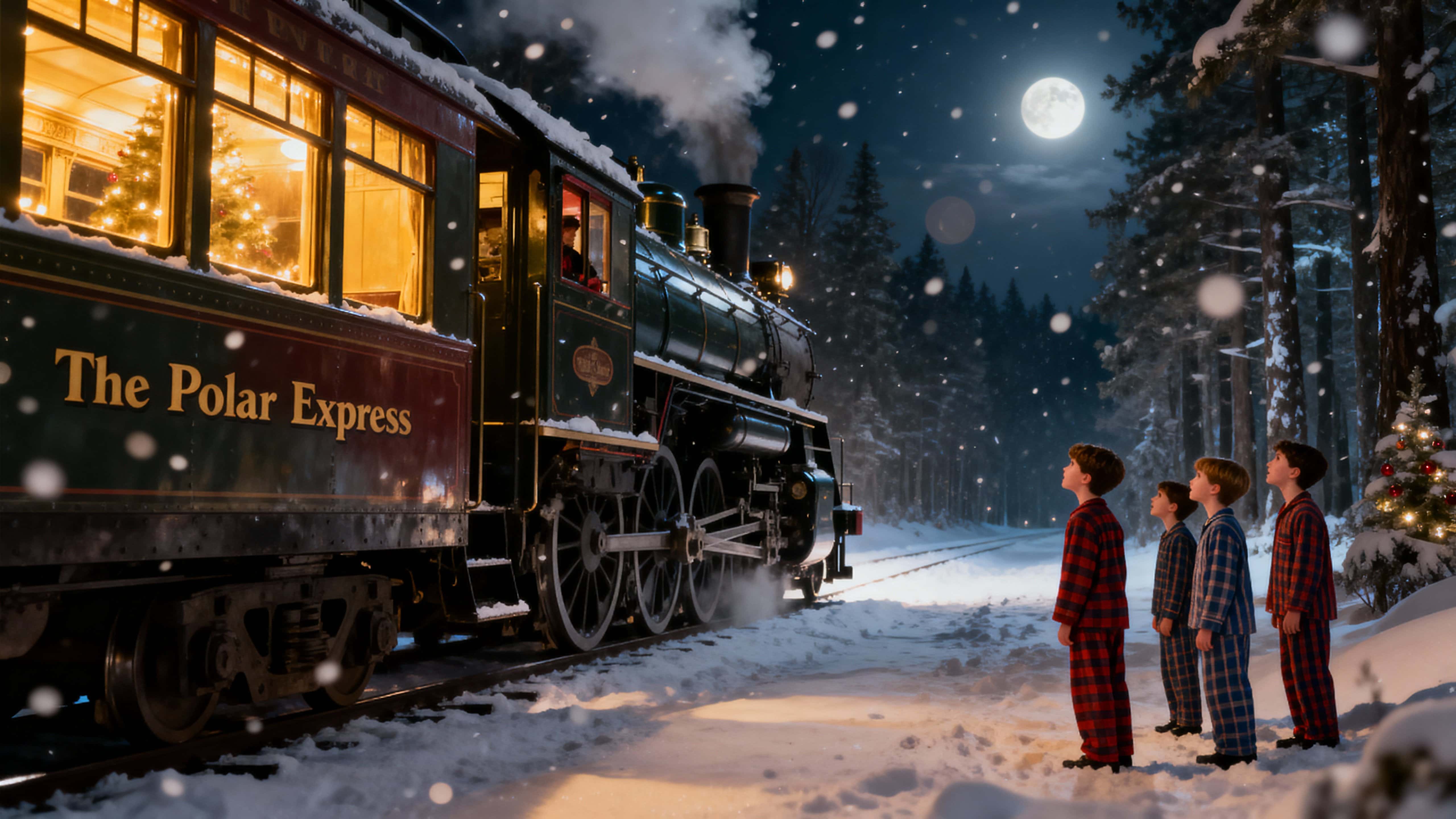 The Polar Express steam train stops in a snowy forest at night, warm golden windows and soft moonlight illuminate children in pajamas amid gentle snowfall, bokeh-lit pines, and cinematic 16:9 framing.