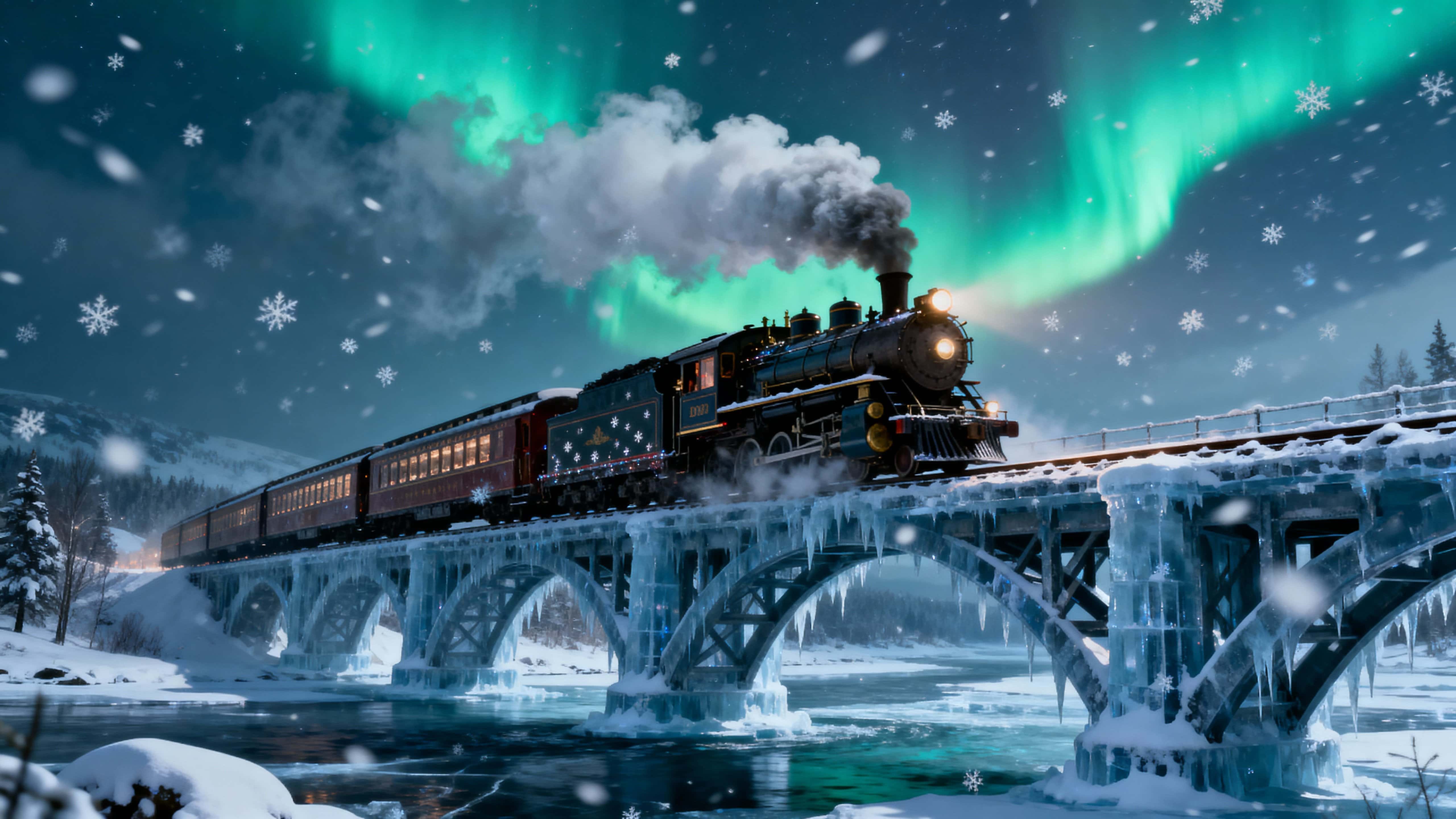Ultra-realistic 16:9 cinematic view of the Polar Express crossing an icy bridge over a frozen icy-cyan river beneath an emerald aurora and deep-blue sky, snow swirling and warm-amber headlights.