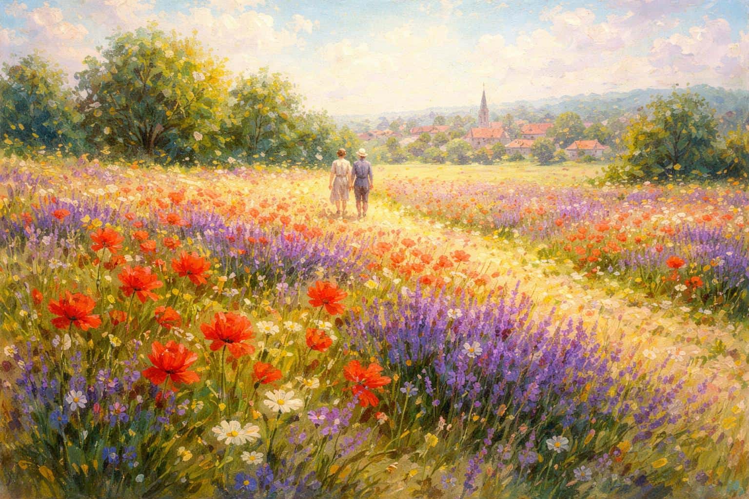 Impressionist oil painting in 3:2 horizontal format of a wide wild-poppy and lavender field bathed in dappled afternoon sun with two figures walking toward a soft-focus village.
