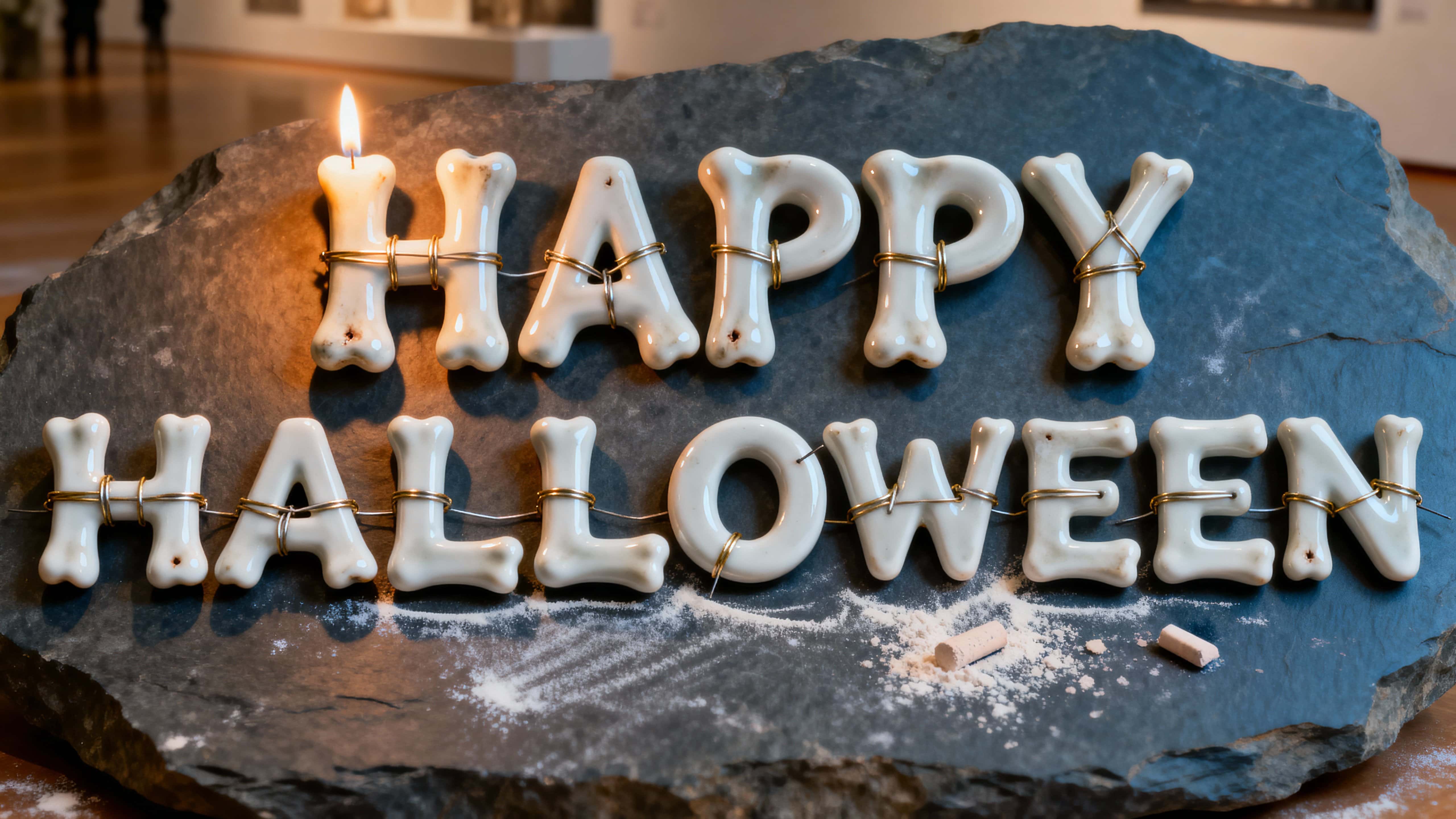 Full-frame 16:9 render of “HAPPY HALLOWEEN” assembled from smooth white porcelain bone forms bound with thin brass wire, placed on a slate stone base with chalk dust and candlelike reflections.