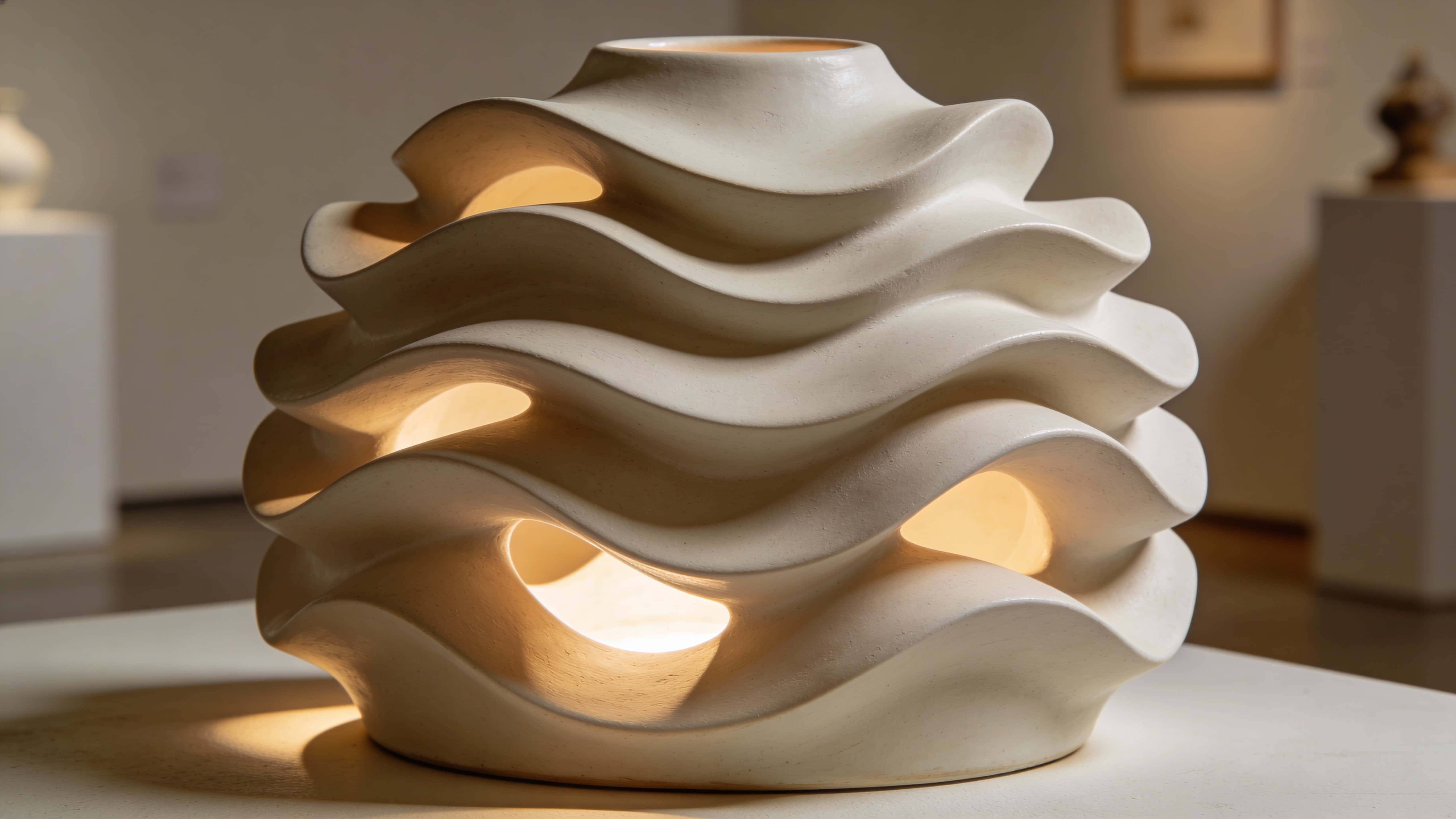 A porcelain-like abstract sculpture of layered flowing folds and smooth matte surfaces emits warm inner light from cavity openings, presented in a refined minimalist museum scene and framed in 16:9.