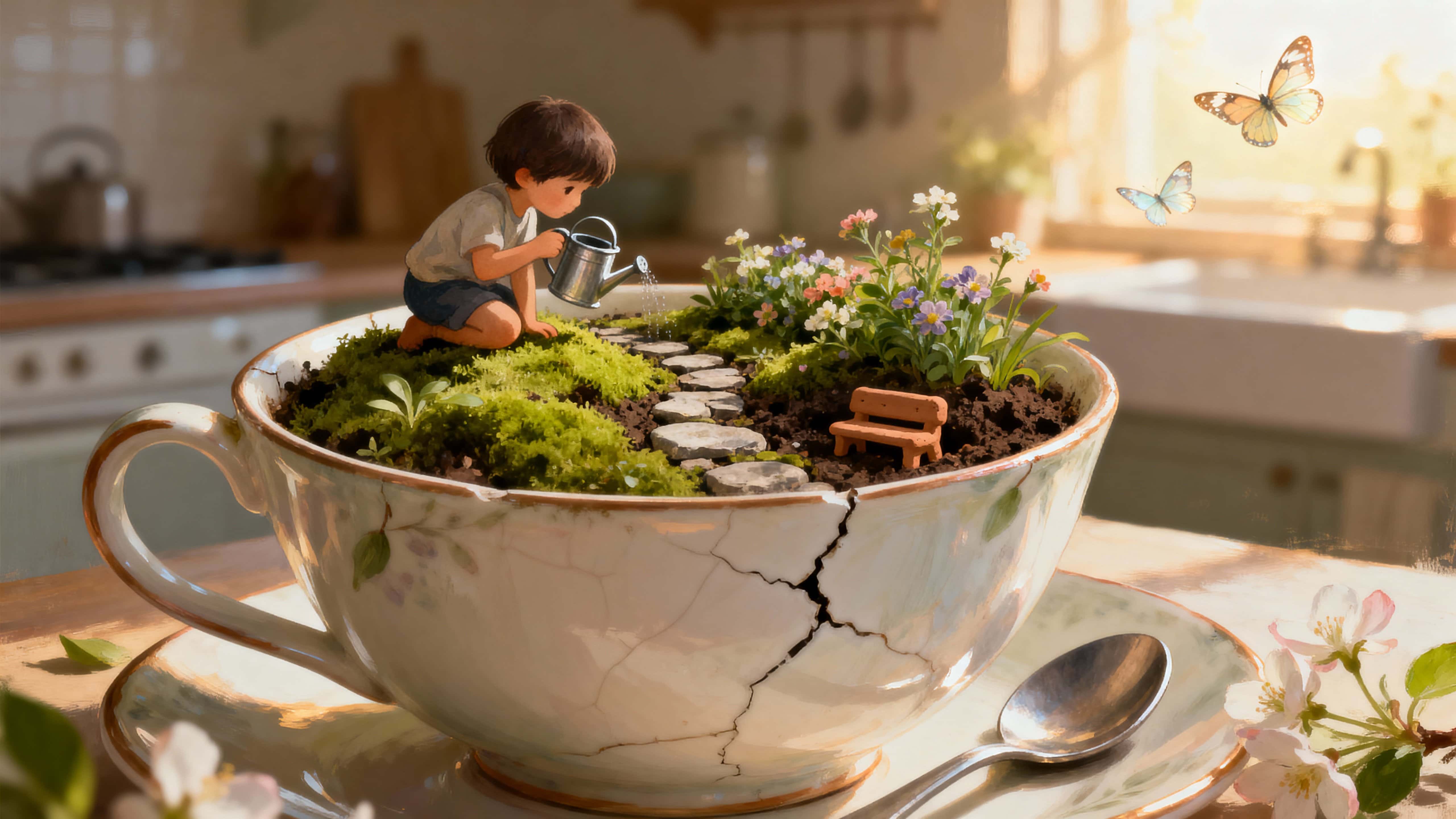 A porcelain teacup sits cracked open on a low surface, holding a full miniature garden tended by a small child with a watering can as butterflies drift, rendered with gentle, intimate light and a cinematic 16:9 crop.