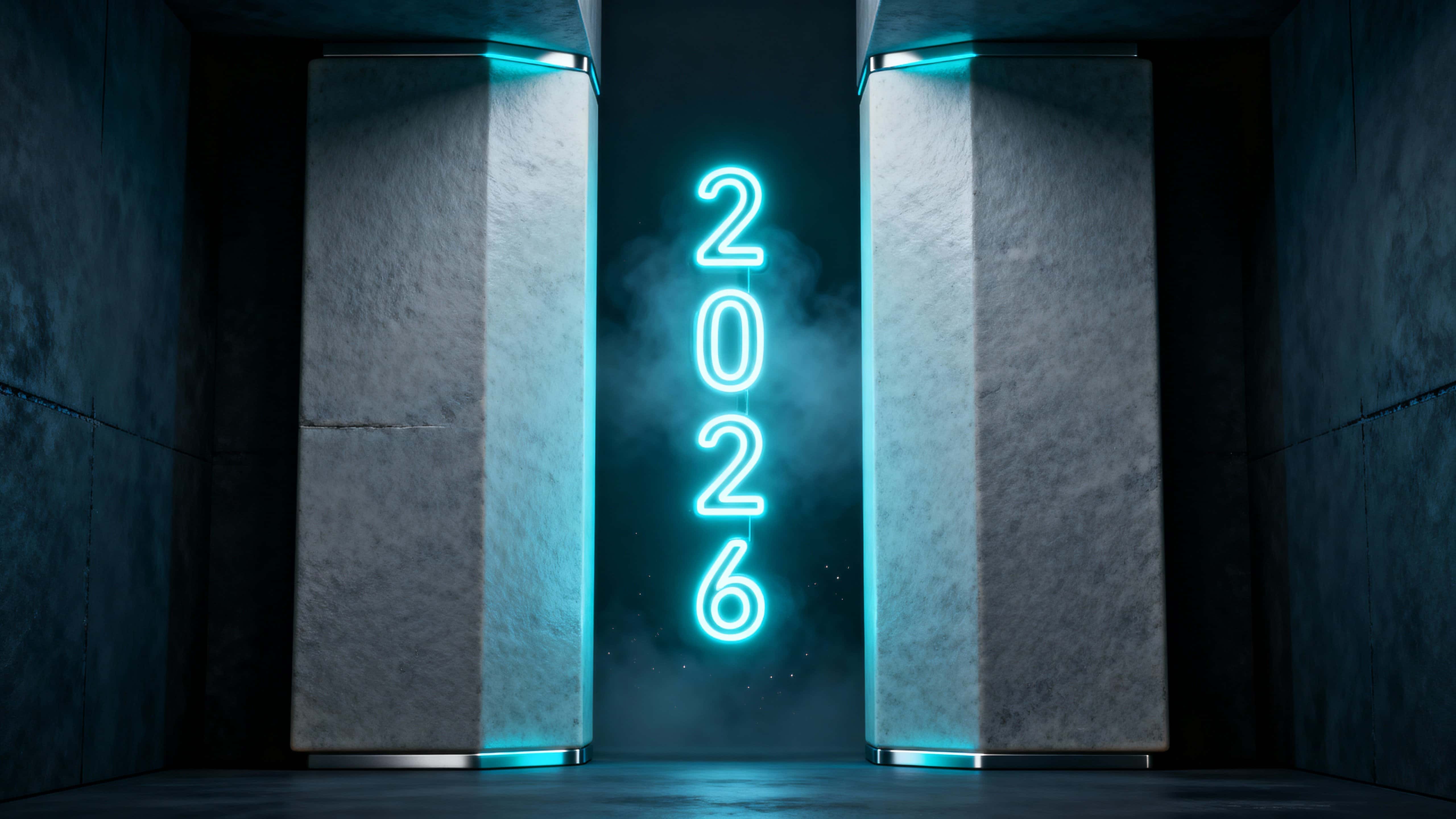 Clean, symmetrical digital render of two vertical beams creating a doorway with a soft, neon '2026' glowing in the gap, futuristic and minimal.