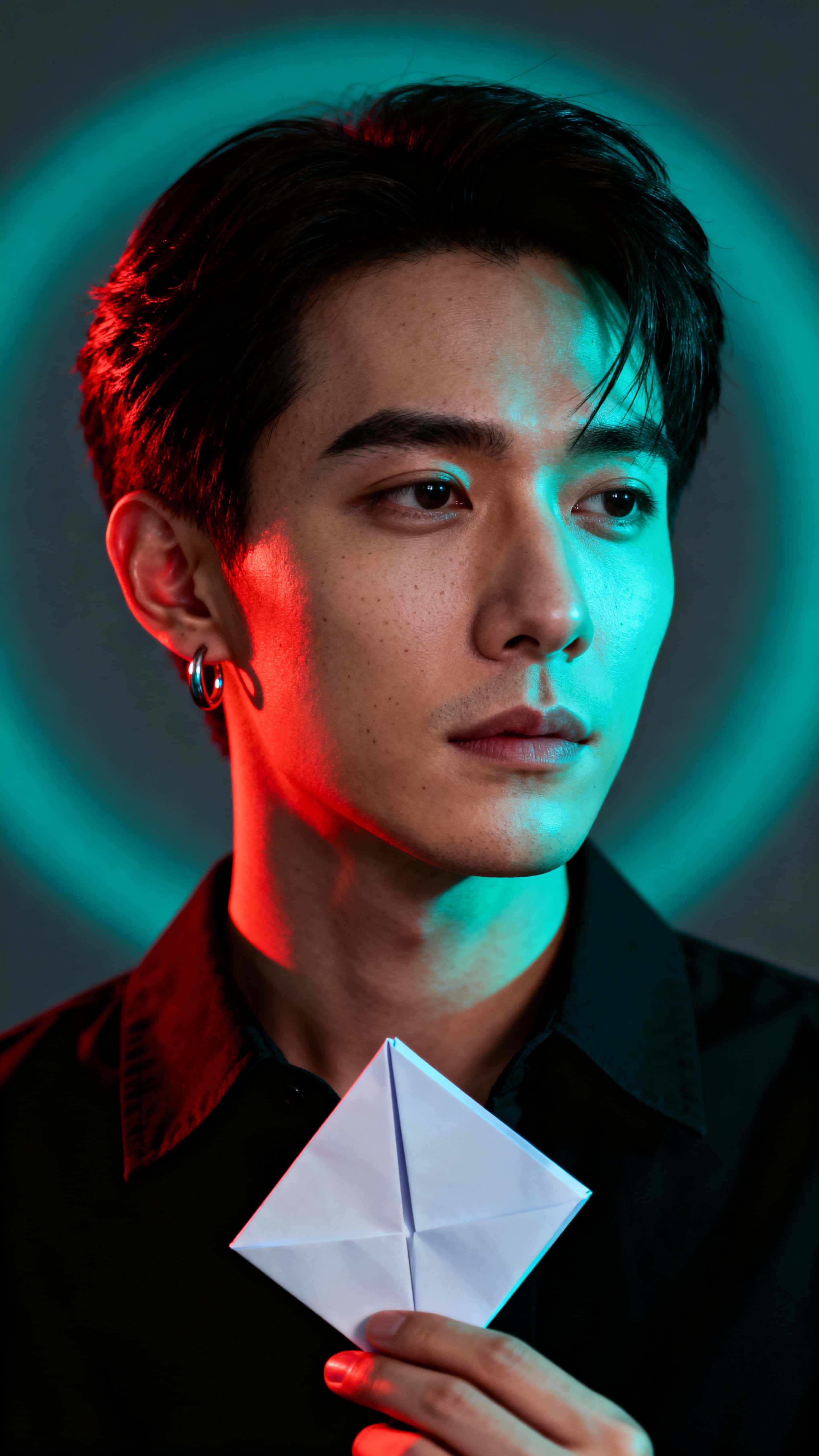 A vertical 9:16 portrait of a lone subject bathed in contrasting red and teal rim and key light, with a moody, cinematic atmosphere and clean, textured surfaces to emphasize form and expression.