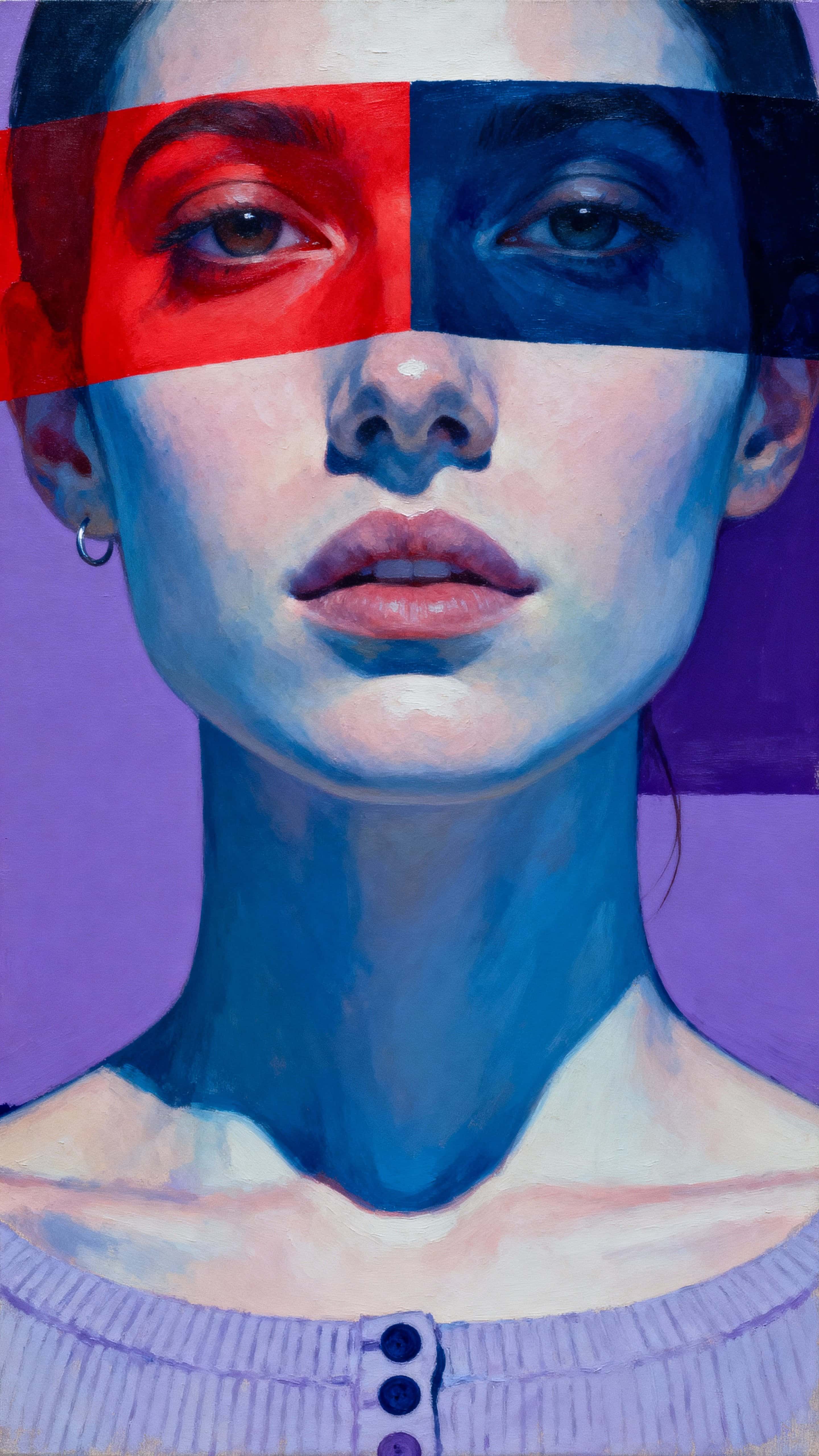 Close-up portrait in a 9:16 vertical frame with bold red, dark blue, and violet graphic color blocks layered across a distant, artistic expression.