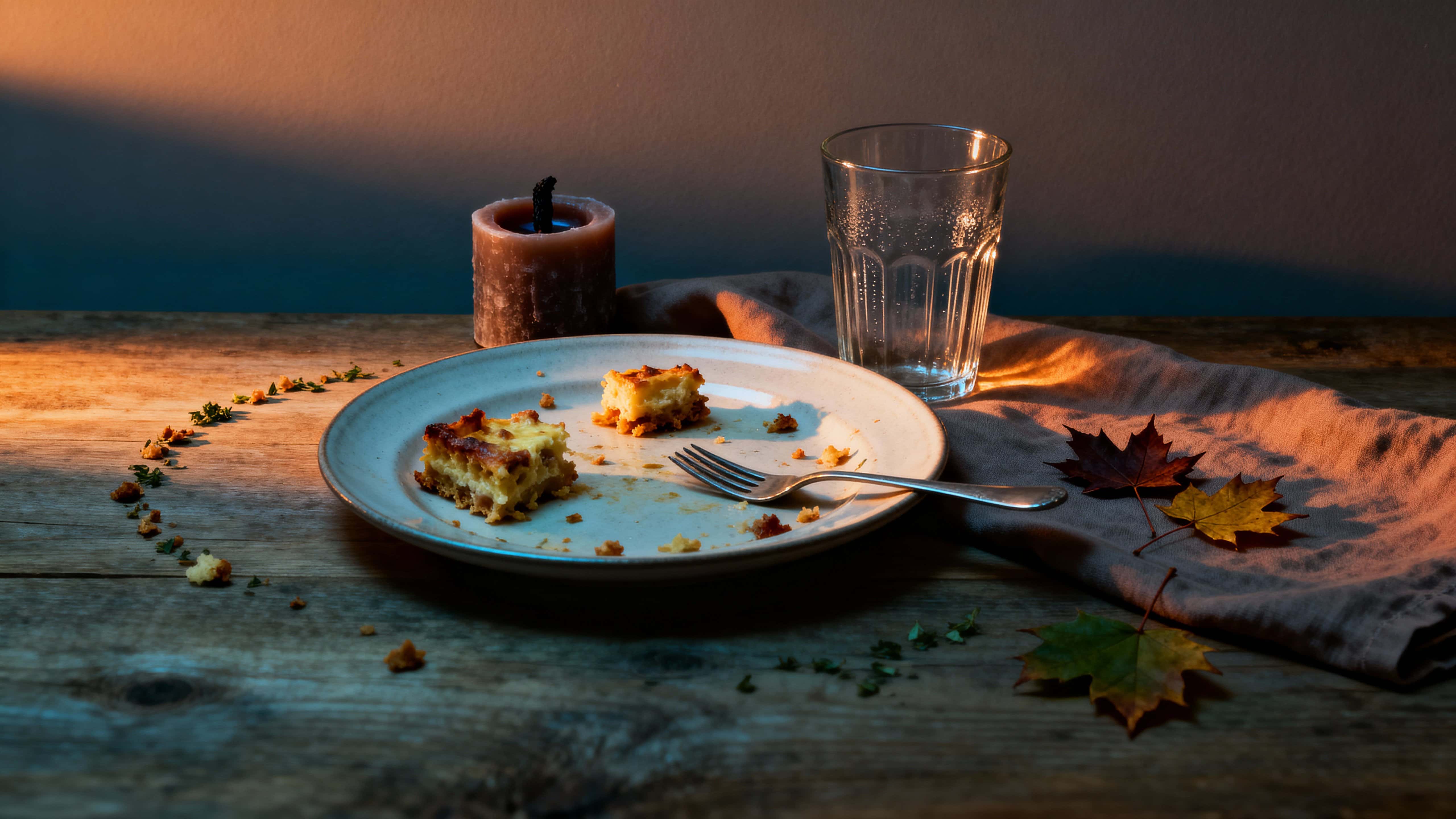 Low-angle 16:9 food photograph of a half-finished casserole plate, fork and nearly empty glass on grainy wood with rumpled linen, candle stub, crumbs and three autumn leaves, bathed in warm amber light against soft charcoal shadow.