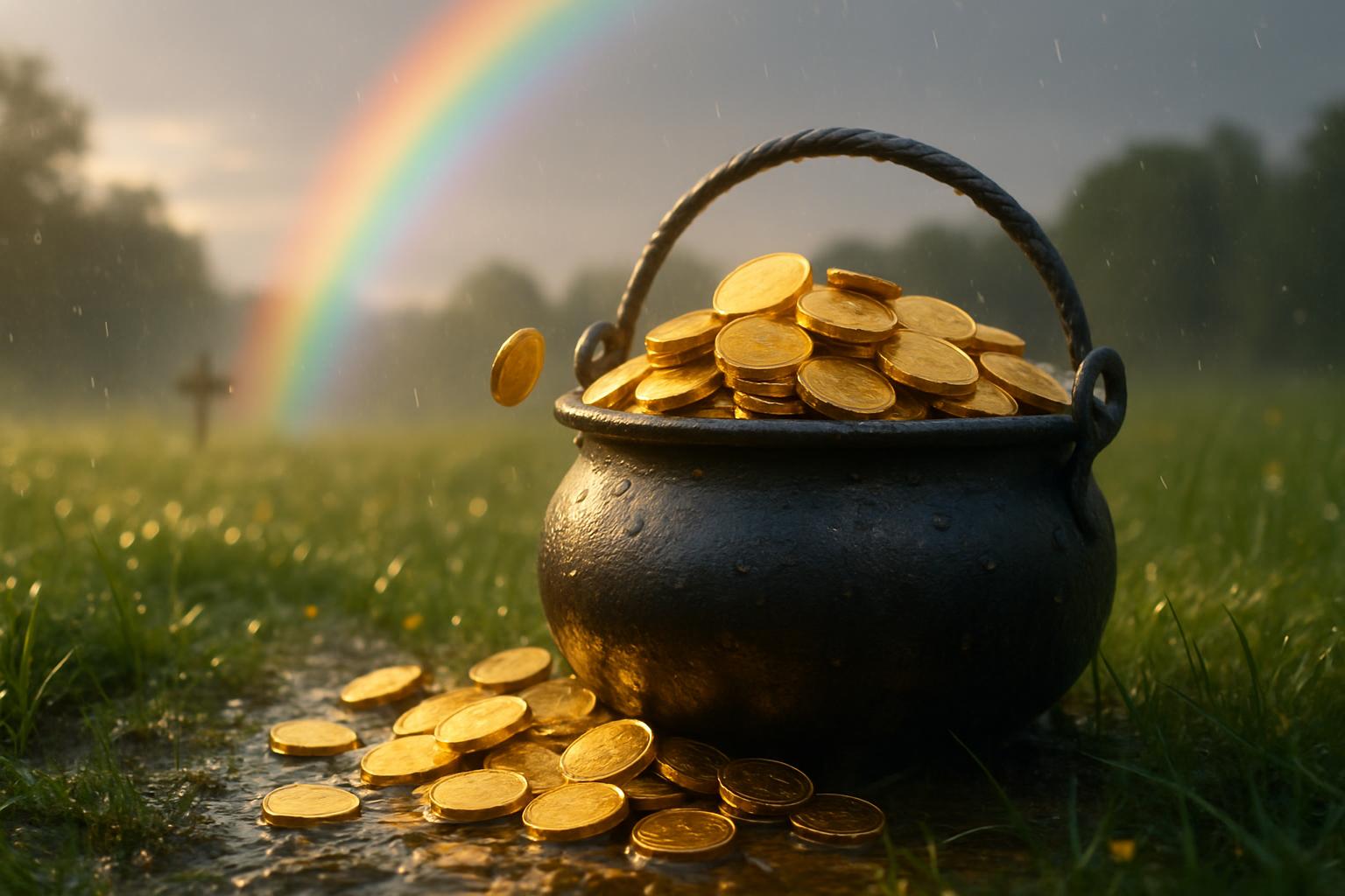 A wide-angle view of a shimmering pot overflowing with gold coins at the vibrant end of a rainbow in a rain-kissed meadow. Radiant colors and glistening metal create a folkloric, lucky tableau with a touch of fantasy and artistic flourish.