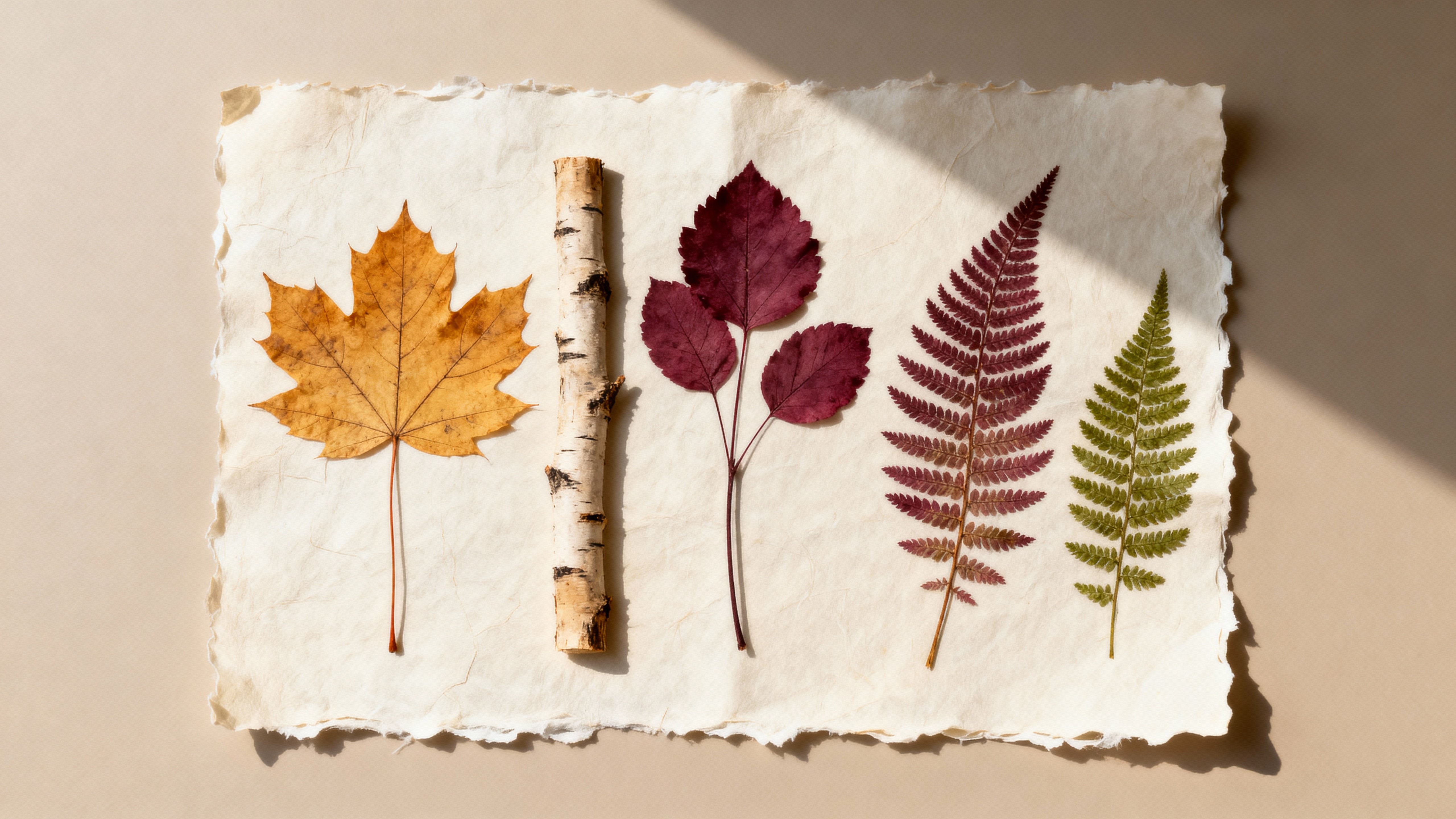 Top-down still-life of pressed maple, birch, and fern on fibrous off-white paper with deckled edges, arranged airy for print clarity, with warm tones #D9B35A, #7C2B3A, #6B8A4C, #F6F2EA, #C8B79A.