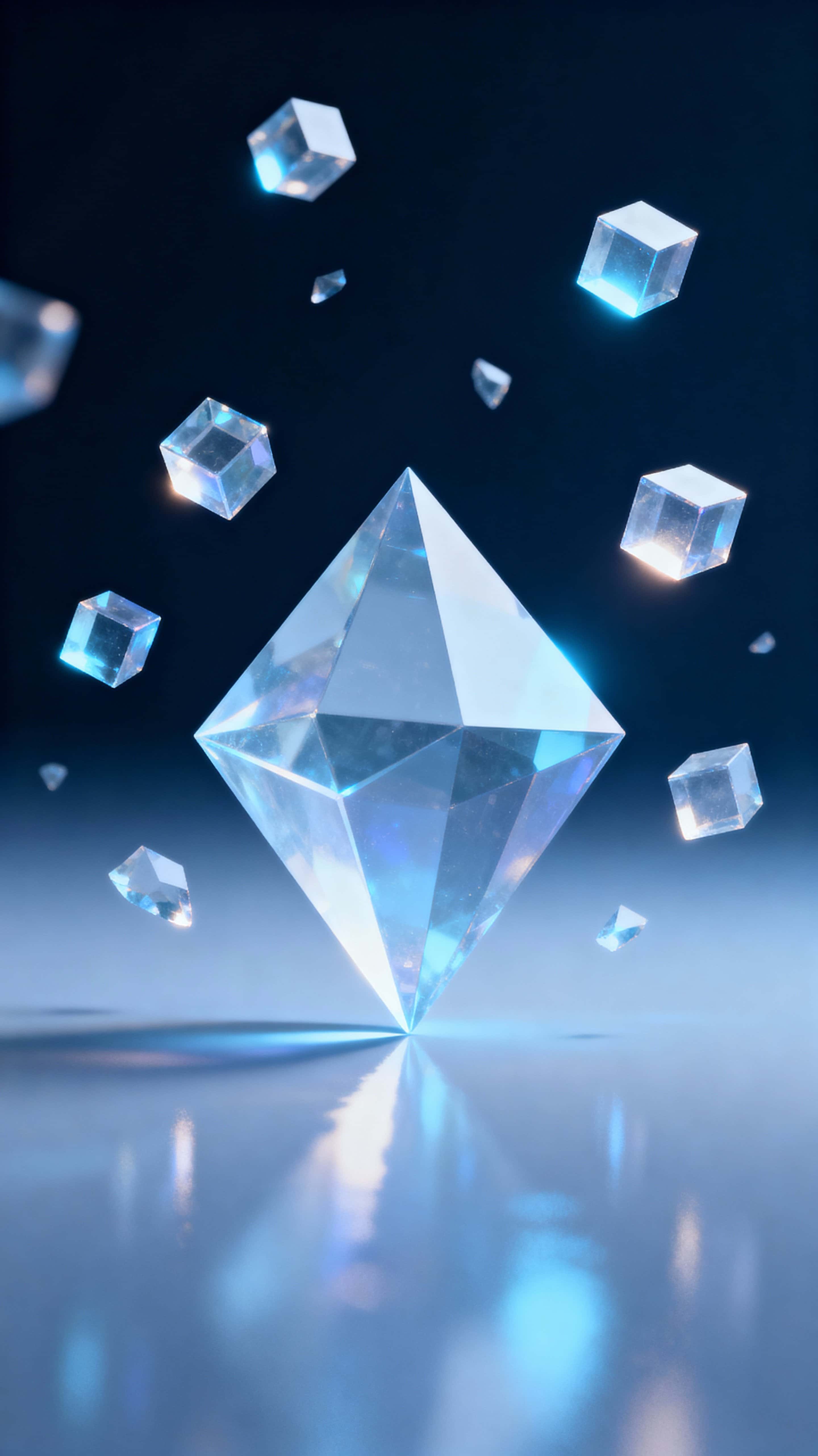 A central prism cube emits gentle cool light while small translucent cube shards hover at varied distances, catching edge highlights and casting soft reflections on a minimal gradient background.