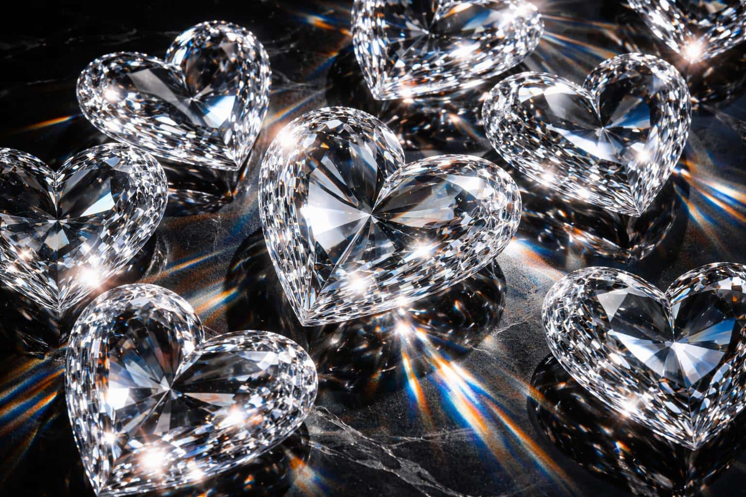 Wide 3:2 render of stacked lead-crystal prismatic hearts overlapping on a polished obsidian surface, casting rainbow caustics and sharp facet sparkles.