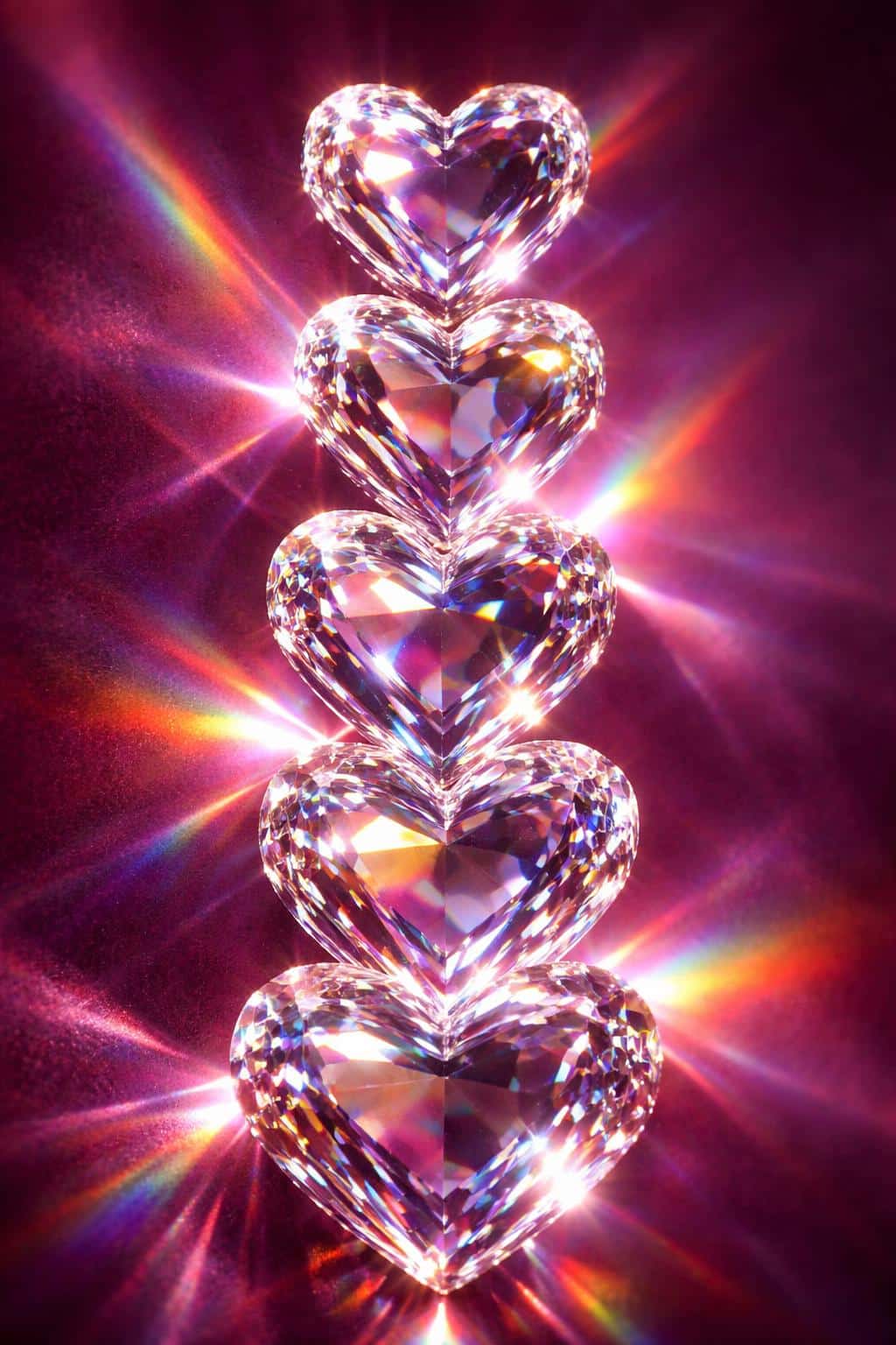 A vertical 2:3 portrait of stacked prismatic crystal hearts refracting vibrant rainbow light against a deep plum velvet background, with intricate facets and high-specular highlights.