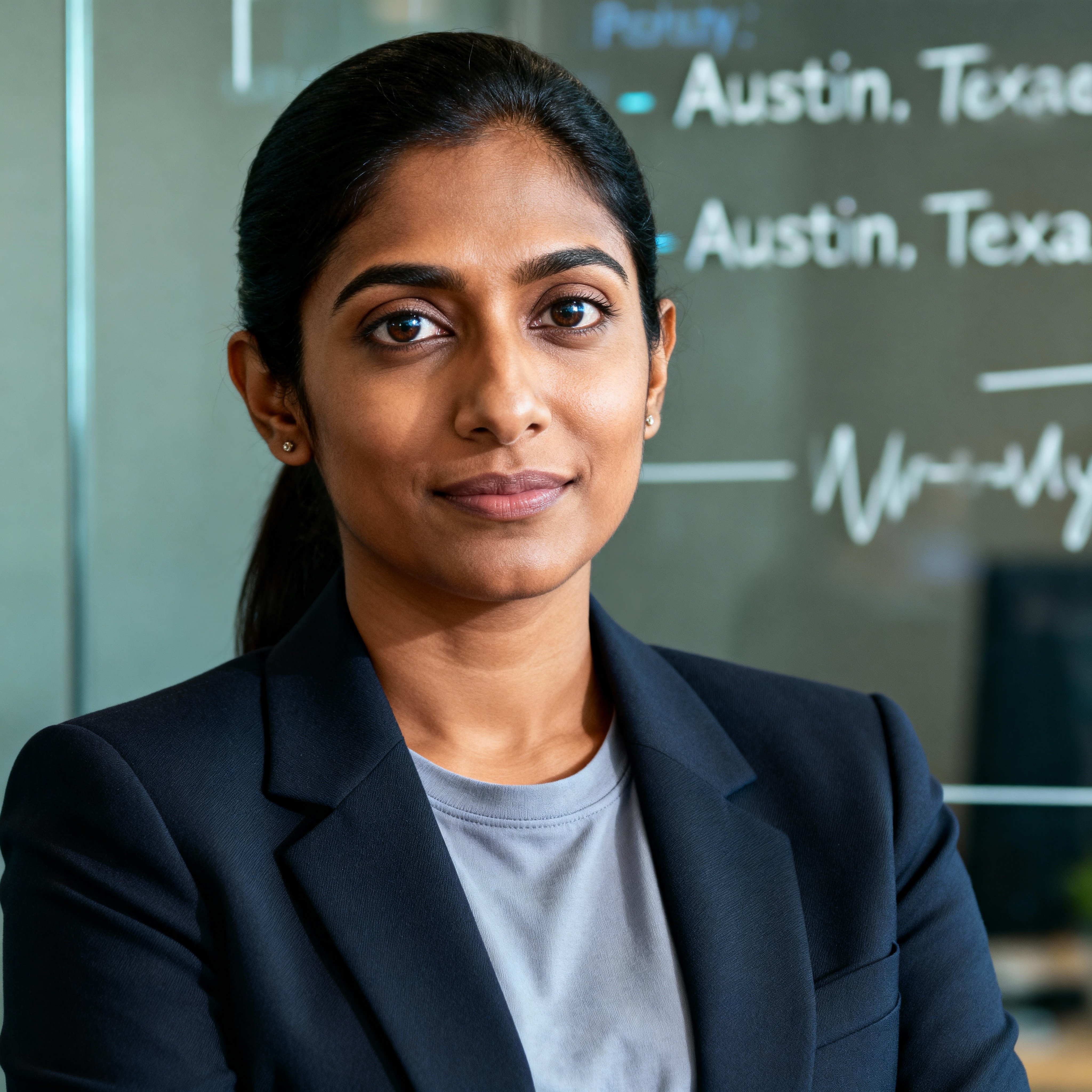 Headshot of Priya Desai, 34, Indian American cybersecurity analyst in Austin, wearing a slate-gray blazer over a warm-ivory tee, hair pulled back and analytical gaze against a muted-blue office glass and whiteboard haze with soft balanced l