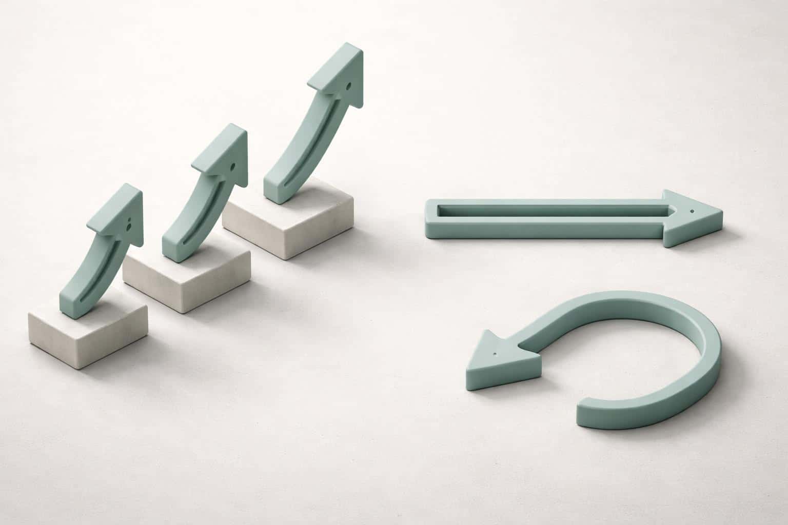 Minimal 3D scene of stylized process flow arrows rendered as a clean poster-cover illustration, with calm lighting, simple materials, and a 3:2 framing guide.