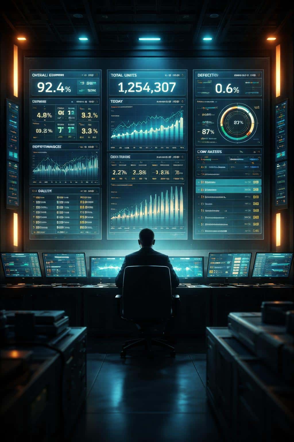 A vertical 2:3 digital-painting of a production analytics room with wall-sized KPI screens, dramatic rim lighting, and clean UI panels for a poster-cover layout.