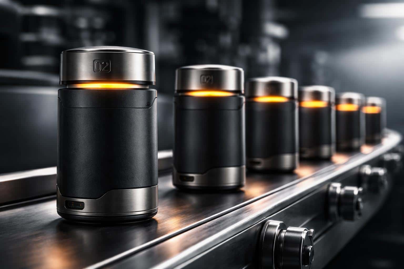 Close, cinematic product photography of identical items on a conveyor in 3:2 crop, with industrial lighting and tight composition suited for poster-cover use.