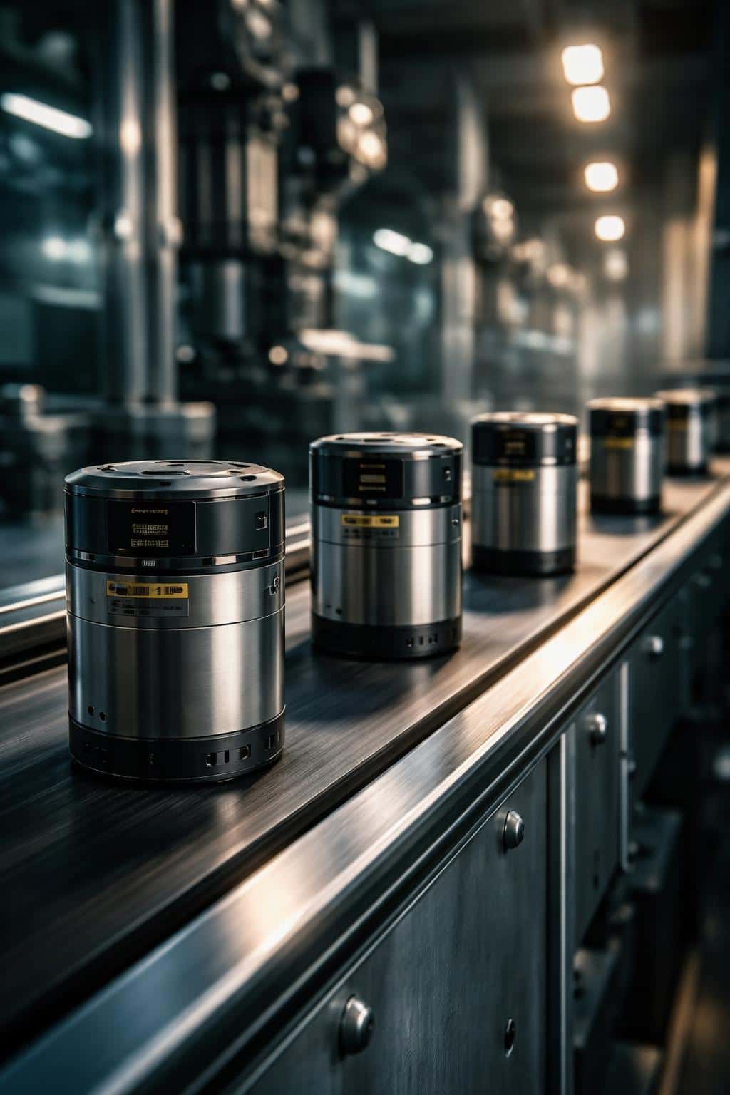 Low-angle industrial product photography of a production line, products moving left to right inside a 2:3 portrait crop, framed for a poster-cover with motion.