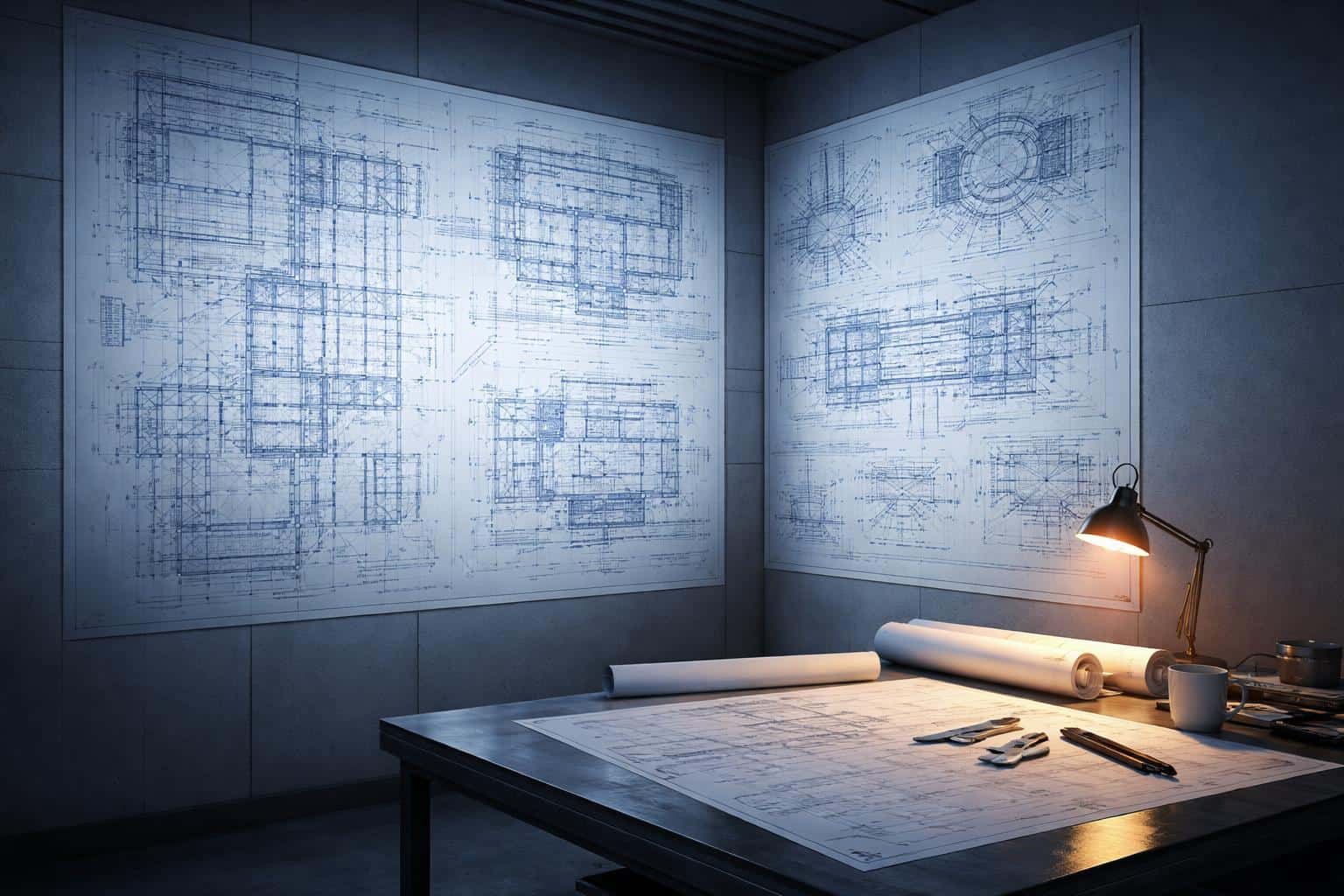 Production planning room with large-scale blueprints projected across walls, photographed as an editorial interior scene for a poster-cover with 3:2 composition guidance.