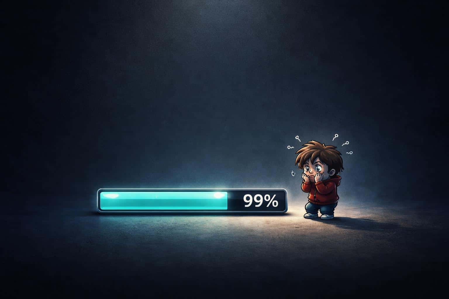 Digital-painting of a UI progress bar stuck at 99% with a small stressed character beside it, composed for a 3:2 poster-cover with dramatic lighting and vignette.
