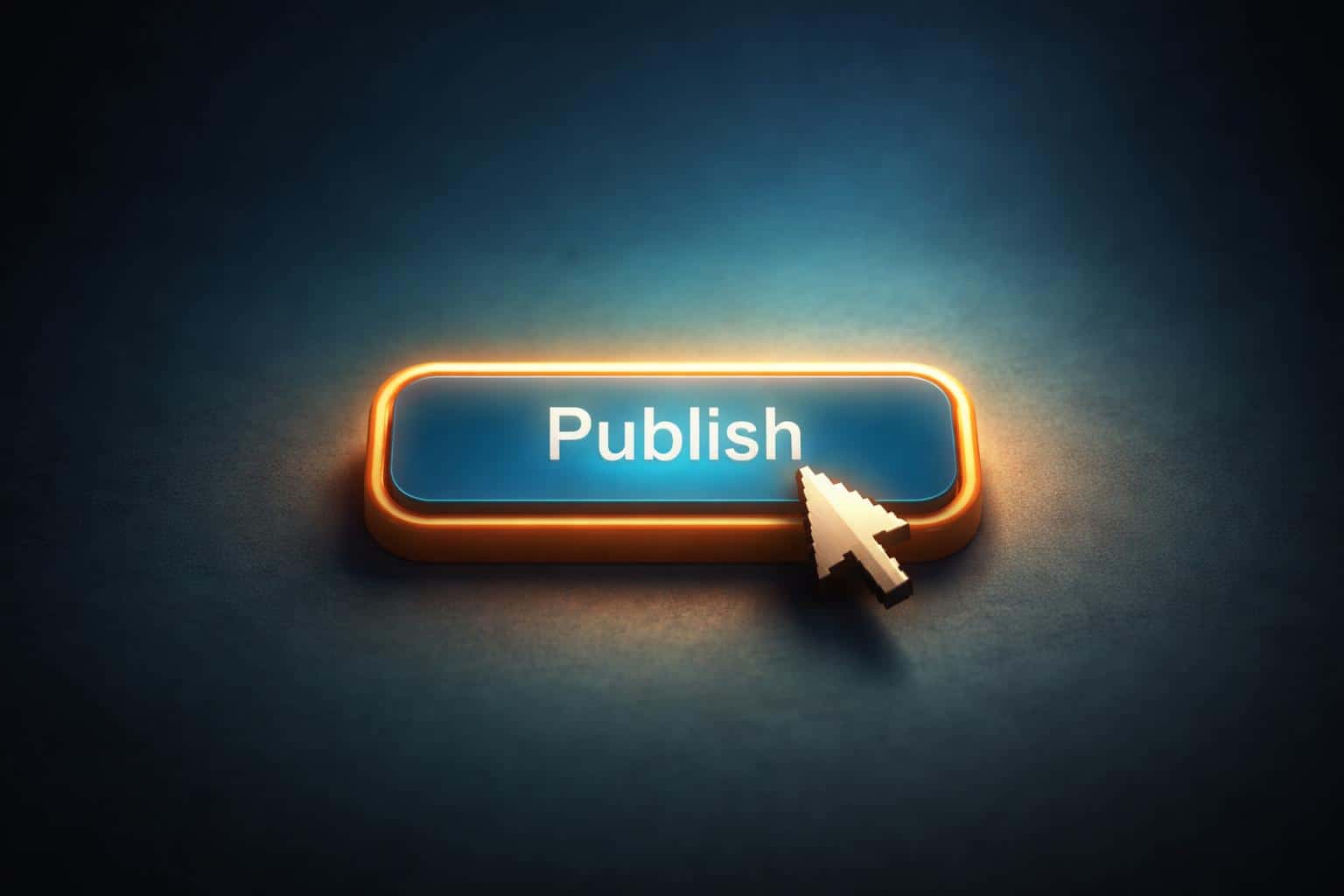 Close-up cinematic digital painting of a cursor hovering above a glowing Publish button, composed as a 3:2 poster-cover with dramatic contrast and depth.