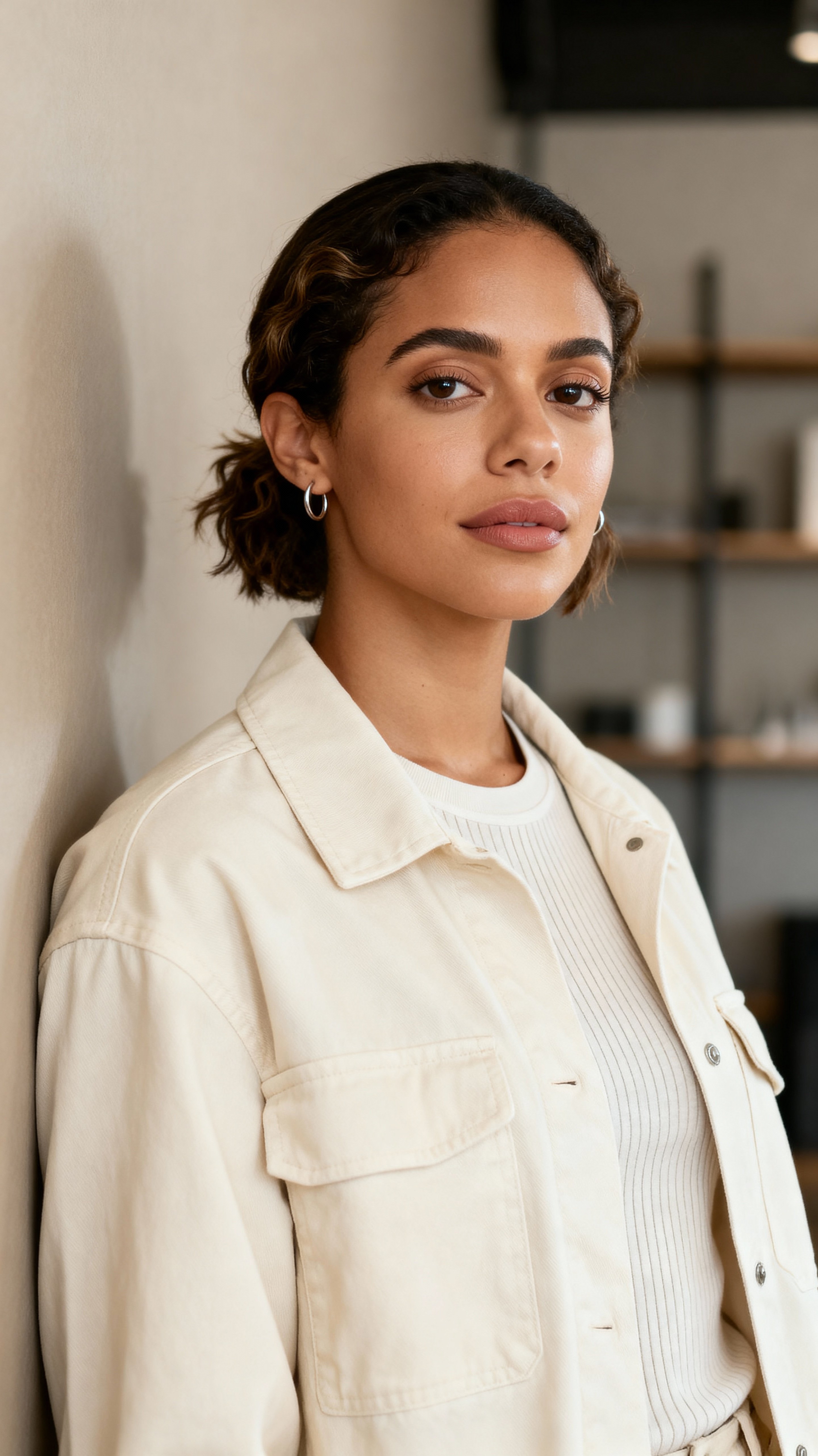 Half-body portrait of a Puerto Rican American product photographer in her late 20s in a cream utility jacket and warm-beige ribbed tee, short wavy hair and a calm, focused gaze against a soft neutral-gray wall, soft even light lifting warm‑