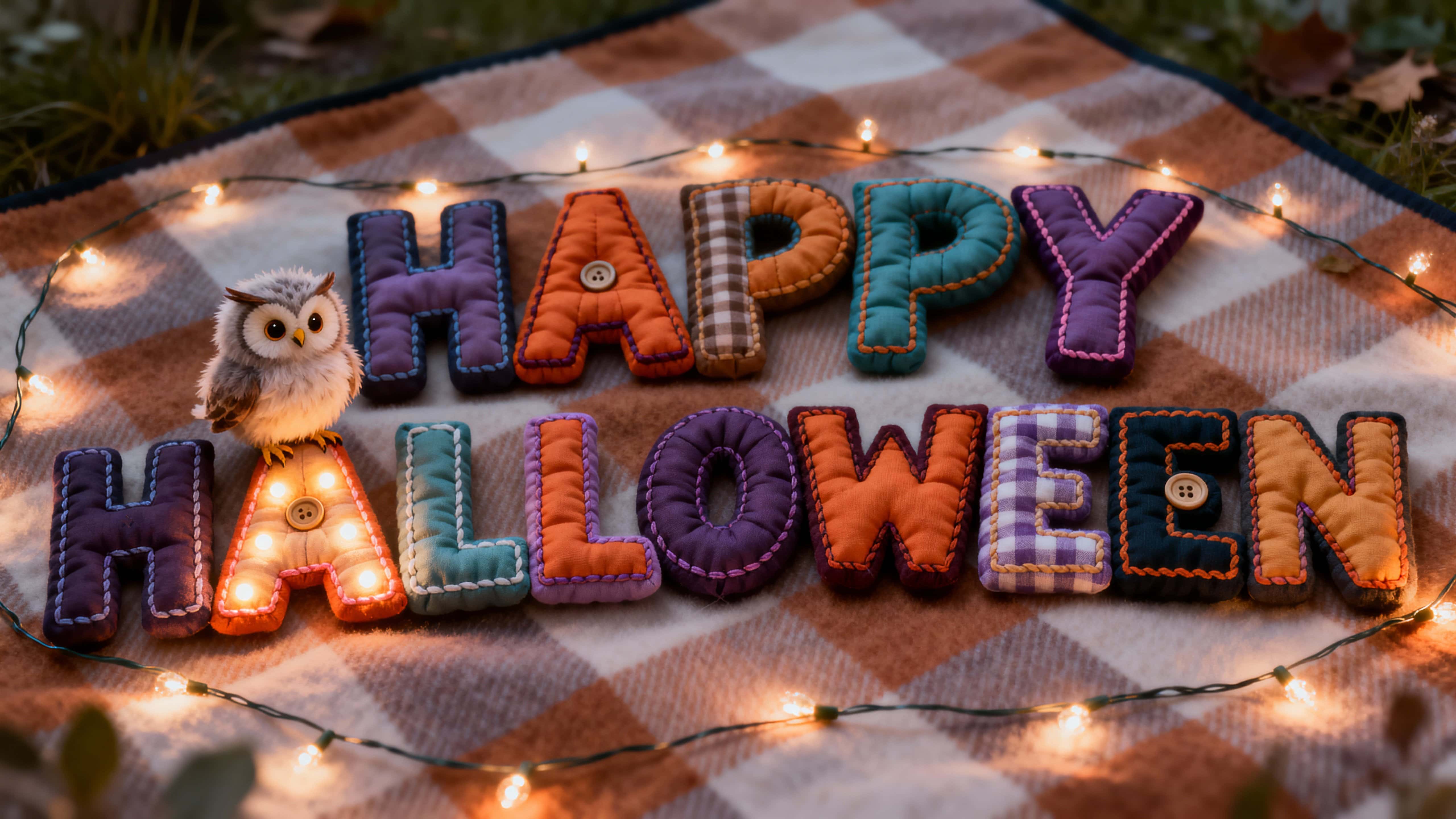16:9 3D render of HAPPY HALLOWEEN puffy patchwork letters in cream, burnt-orange, navy and moss-green with piping and buttons; fluffy owl on the “A,” warm-brown flannel base and soft-gold fairy-light glints, print-ready.