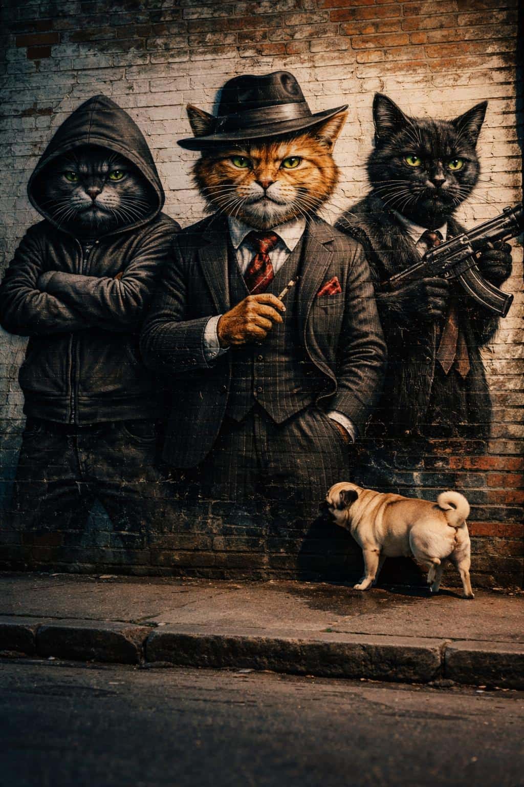 Street photograph of a small pug urinating against a brick wall mural of three cat mafia figures, captured with moody, low-key light and gritty urban texture for a poster-cover use.