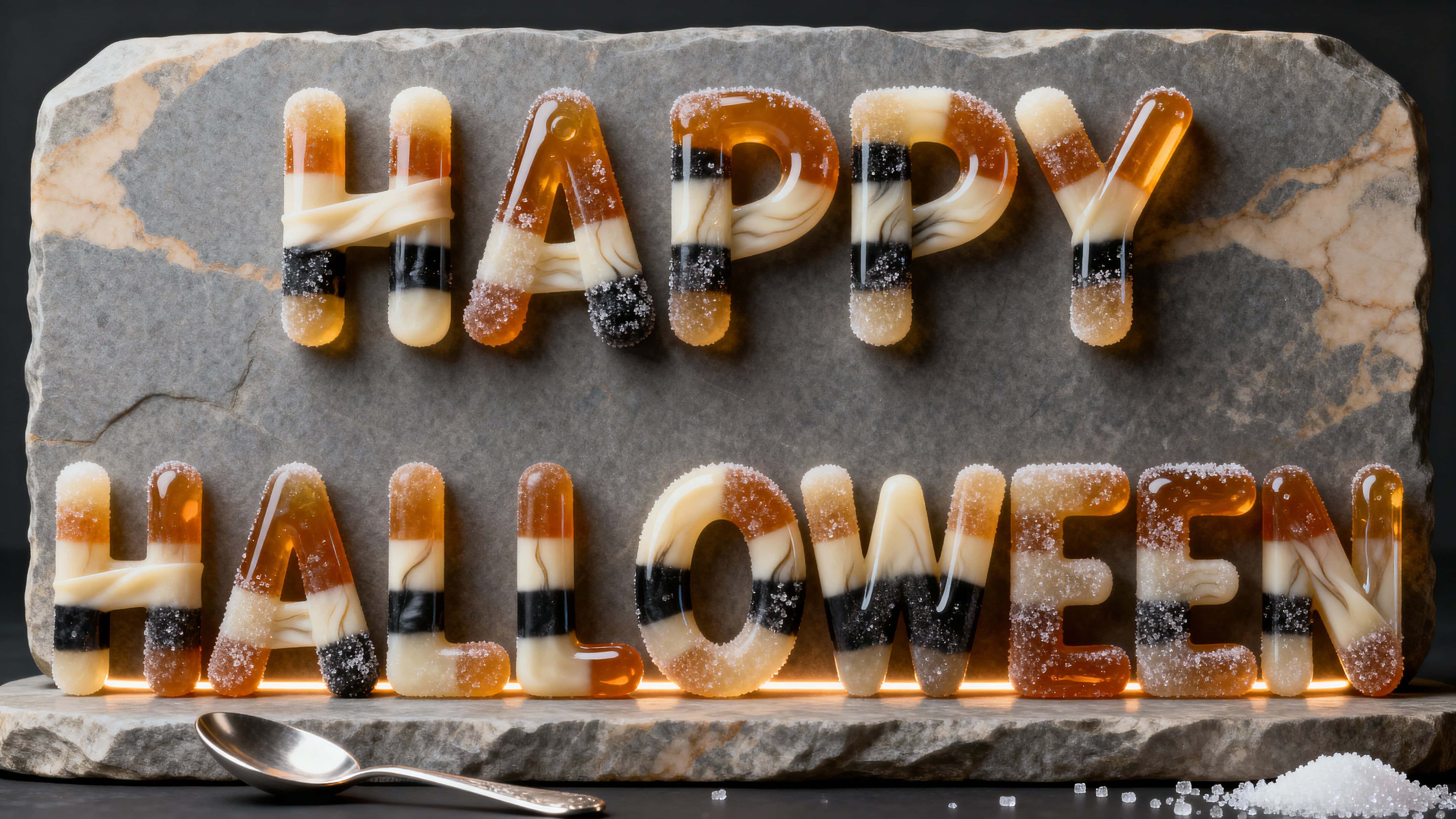 Photoreal 3D render of a full-frame pulled-ribbon candy sculpture spelling "HAPPY HALLOWEEN" with translucent amber, ivory and charcoal stripes sitting on a neutral stone slab.