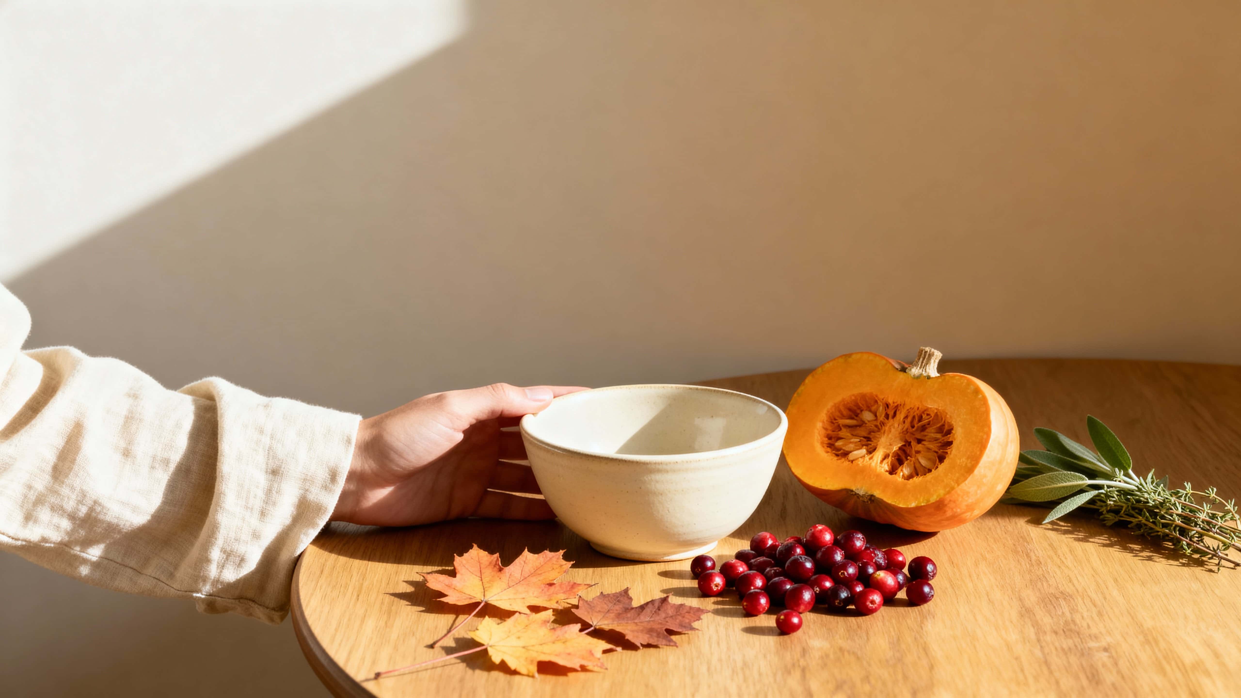 A warm, cinematic close-up of an early-morning kitchen table corner showing a matte cream ceramic bowl, halved sugar pumpkin, fresh cranberries, herbs, and scattered amber leaves.