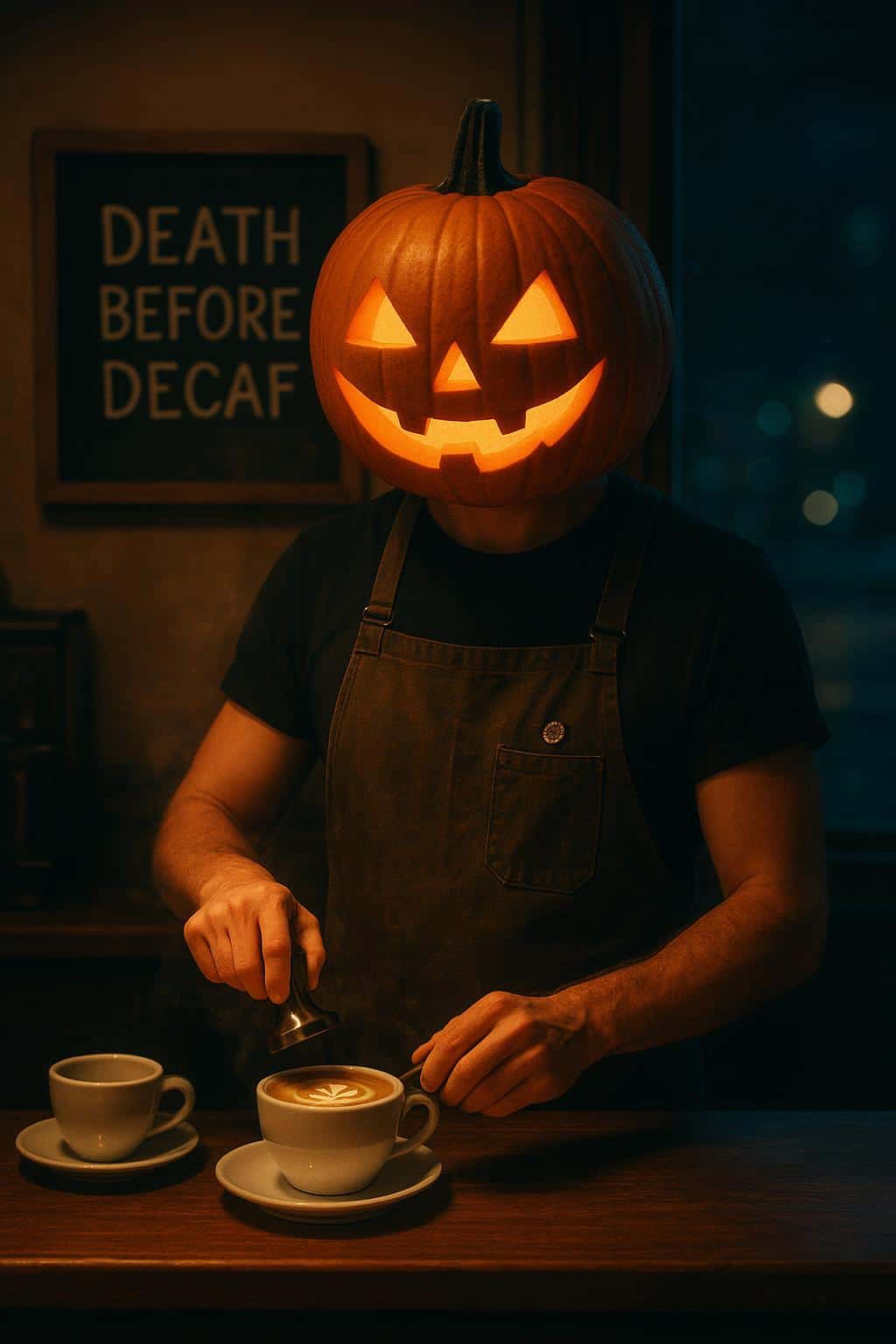 A pumpkin-head barista works behind an indie café counter at night, pouring a crescent latte while a jack-o'-lantern grin glows and steam and dust motes sparkle.