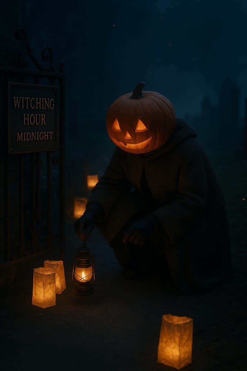 Pumpkin-head caretaker places candlelit luminaries along a historic cemetery path for a community Halloween walk, serene composition with fog and floating embers for atmosphere.