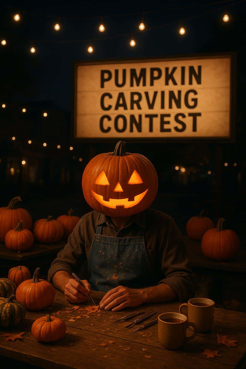 A pumpkin-headed carver sits at a town square table stacked with gourds beneath string lights, apron speckled with pulp and a glowing carved face, framed for a 2:3 crop.