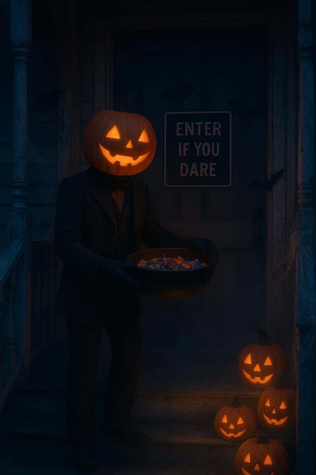 A pumpkin-head door greeter stands on a Victorian porch draped in cobwebs and paper bats, holding an oversized candy bowl while warm amber bulbs and cool moonlit blue create a classic Halloween mood.